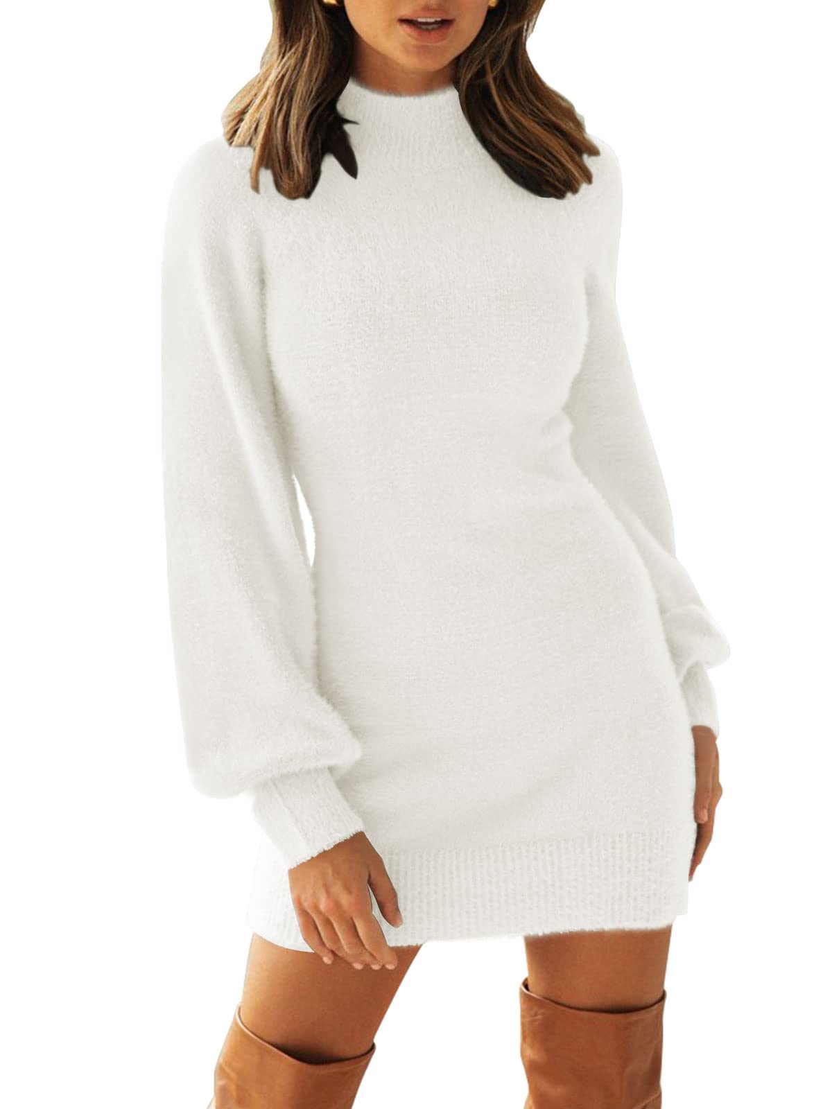 Luxuii Turtleneck Puff Sleeve Bodycon Mini Sweater Dress