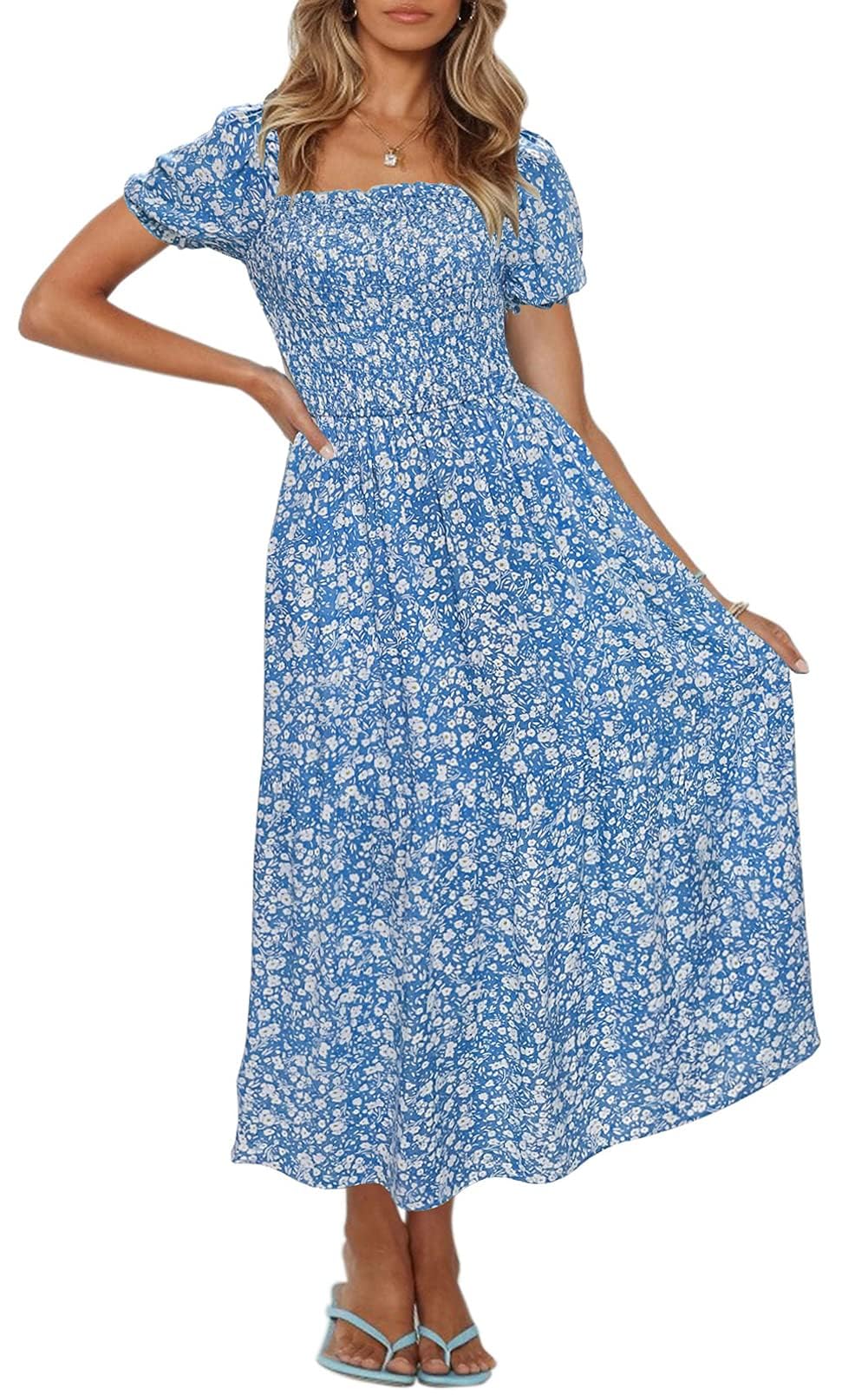 Luxuii Floral Print Square Neck Ruffle Swing Beach Dress