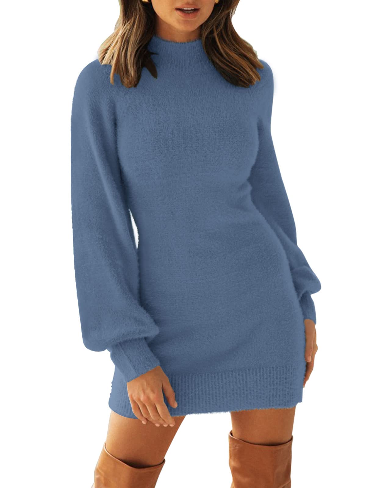 Luxuii Turtleneck Puff Sleeve Bodycon Mini Sweater Dress
