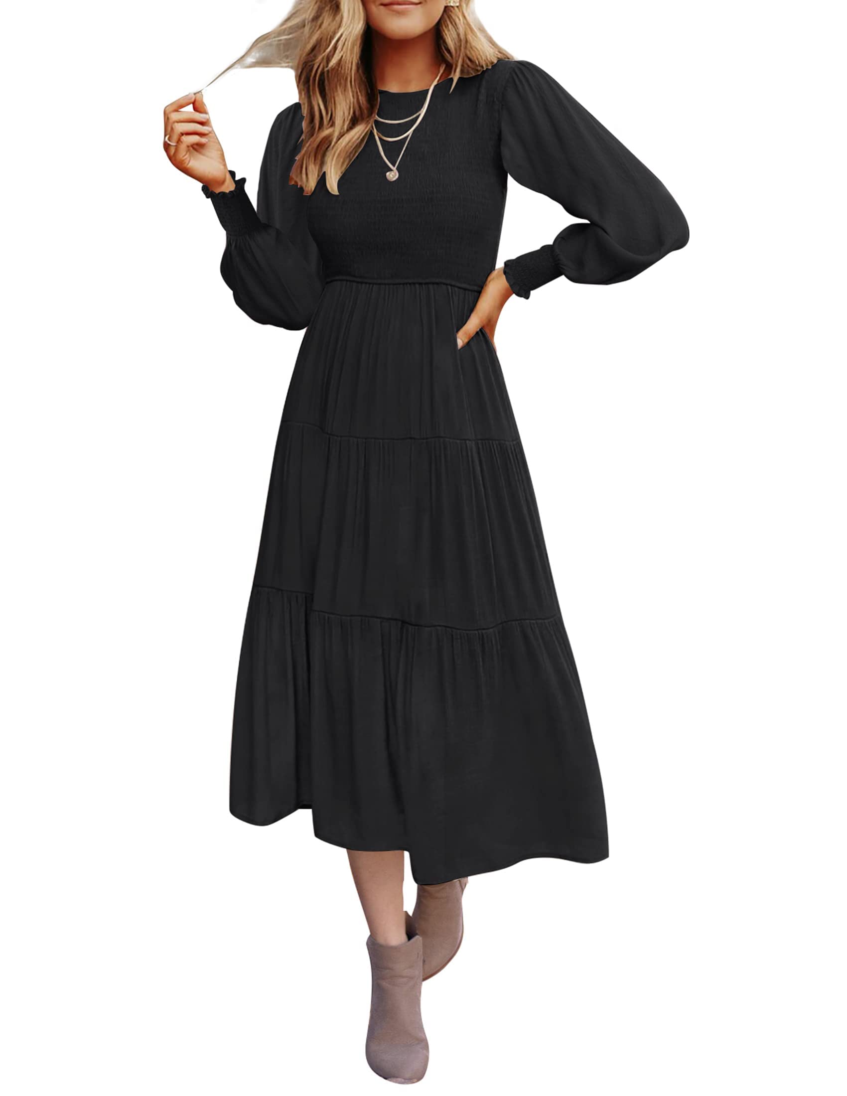 Luxuii High Waist Smocked Flowy Tiered Midi Dress