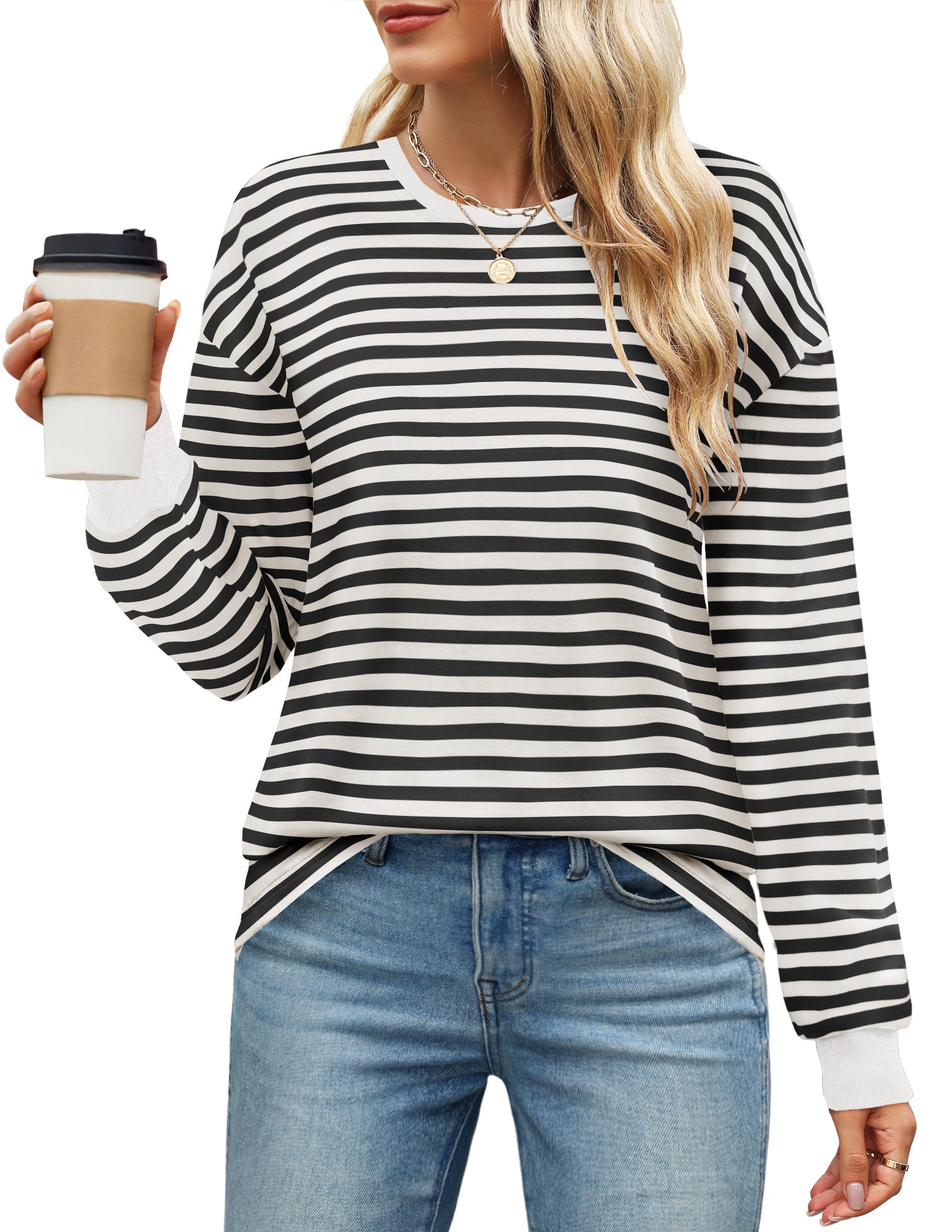 Luxuii Striped Shirts Fall Crewneck Casual Loose Fit Tunic Tops
