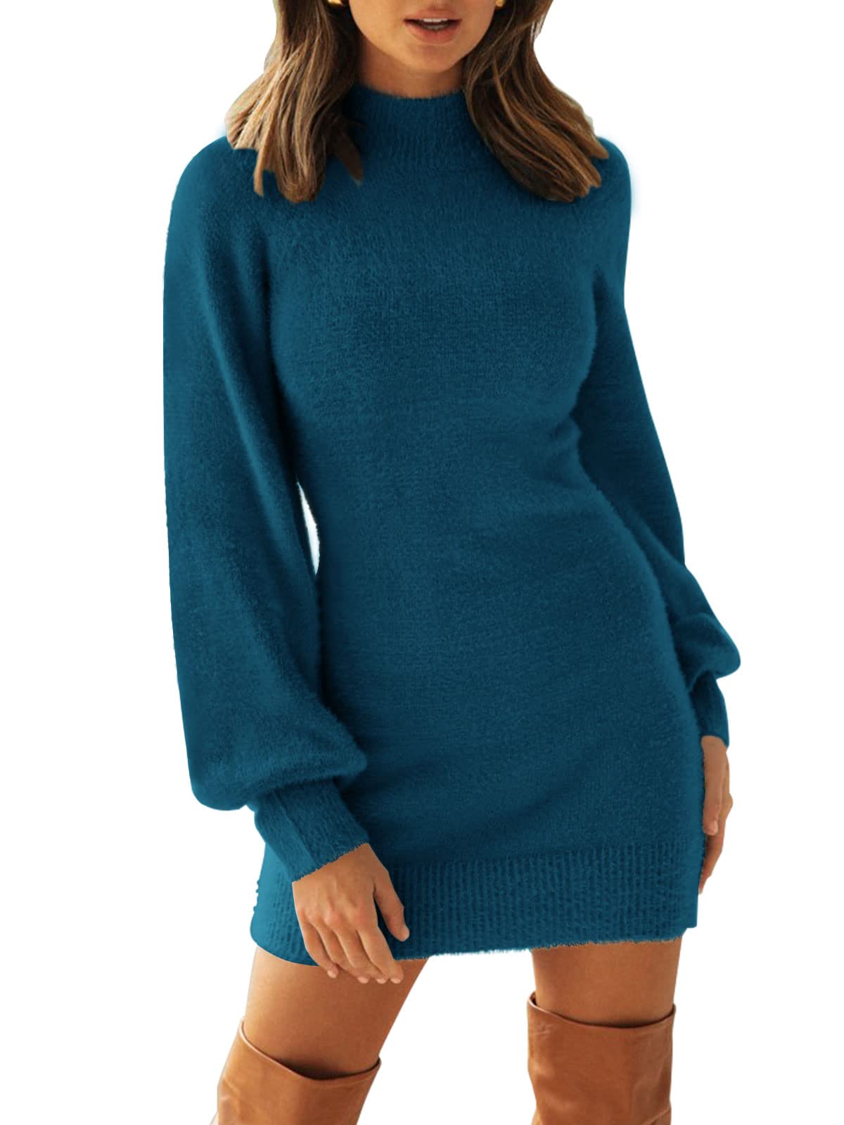 Luxuii Turtleneck Puff Sleeve Bodycon Mini Sweater Dress