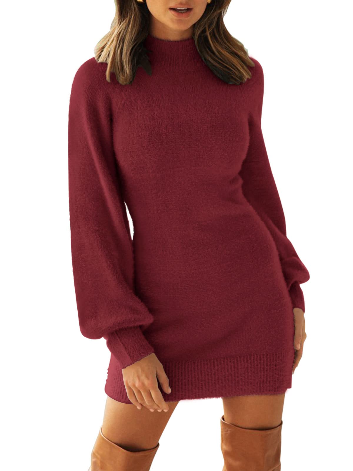 Luxuii Turtleneck Puff Sleeve Bodycon Mini Sweater Dress