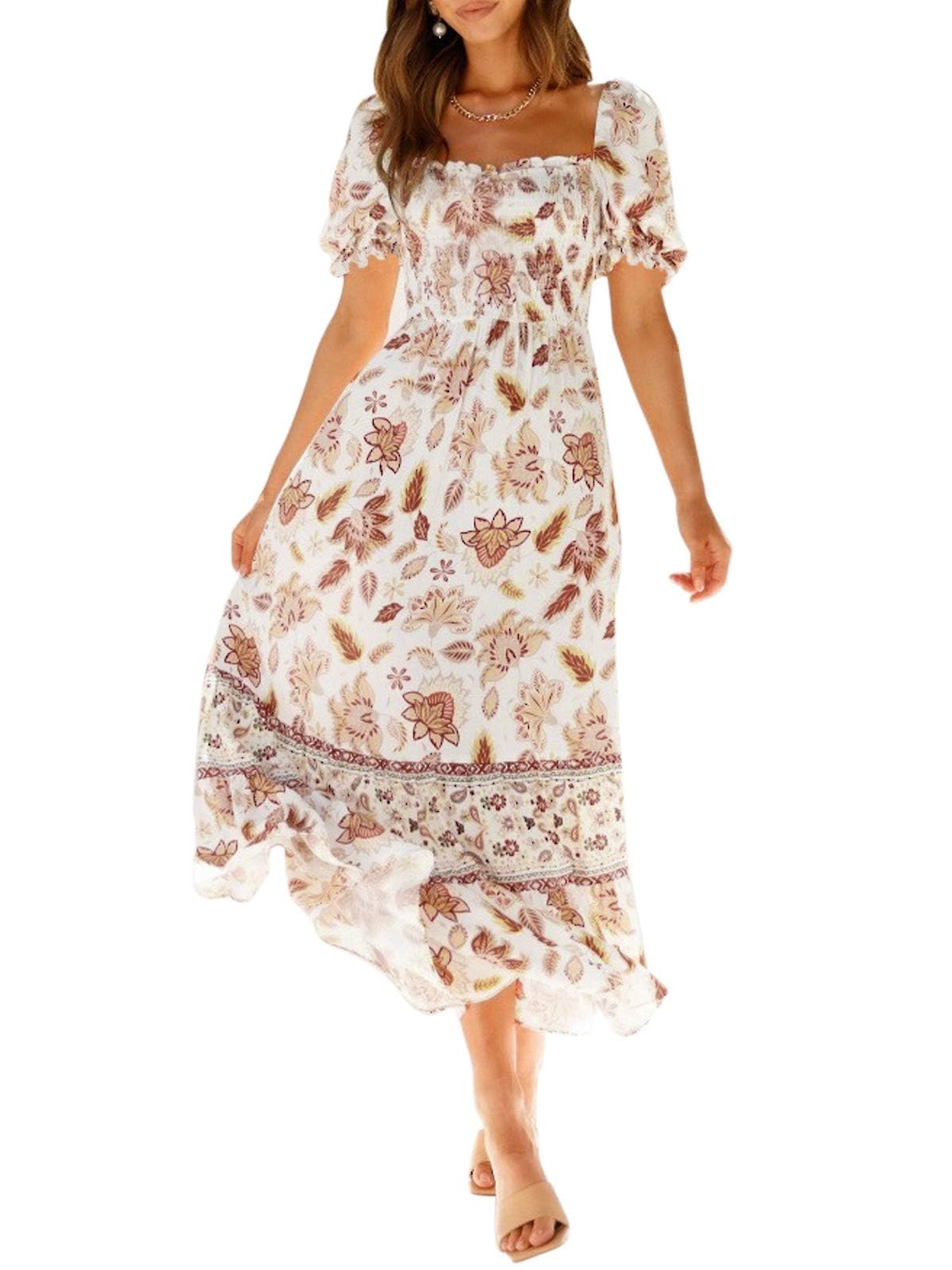 Luxuii Floral Print Square Neck Ruffle Swing Beach Dress