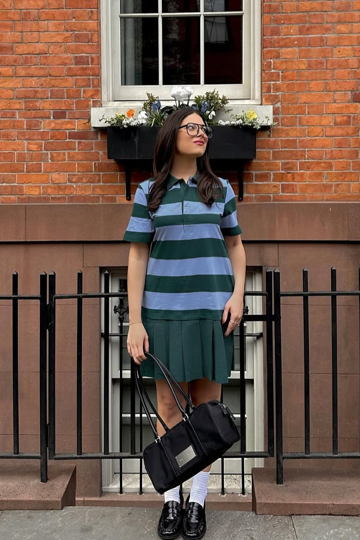 Luxuii Short Sleeve Tunic Shirt Striped V Neck Pleated Y2K Mini Dresses