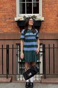 Luxuii Short Sleeve Tunic Shirt Striped V Neck Pleated Y2K Mini Dresses