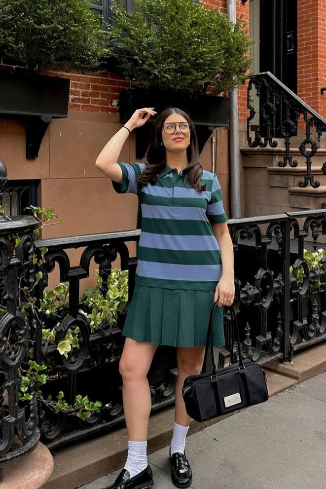 Luxuii Short Sleeve Tunic Shirt Striped V Neck Pleated Y2K Mini Dresses
