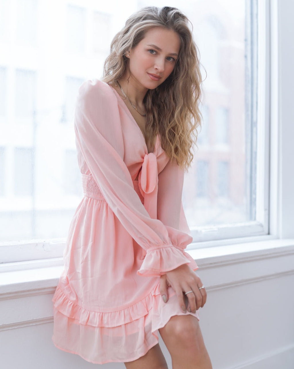 Luxuii Deep V Neck Knot Front Smocked Wiast Mini Dress