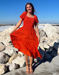 Luxuii Square Neck Smocked A Line Tiered Midi Dress