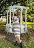 Luxuii Striped Knit Crewneck Side Slit Bodycon Sweater Dress