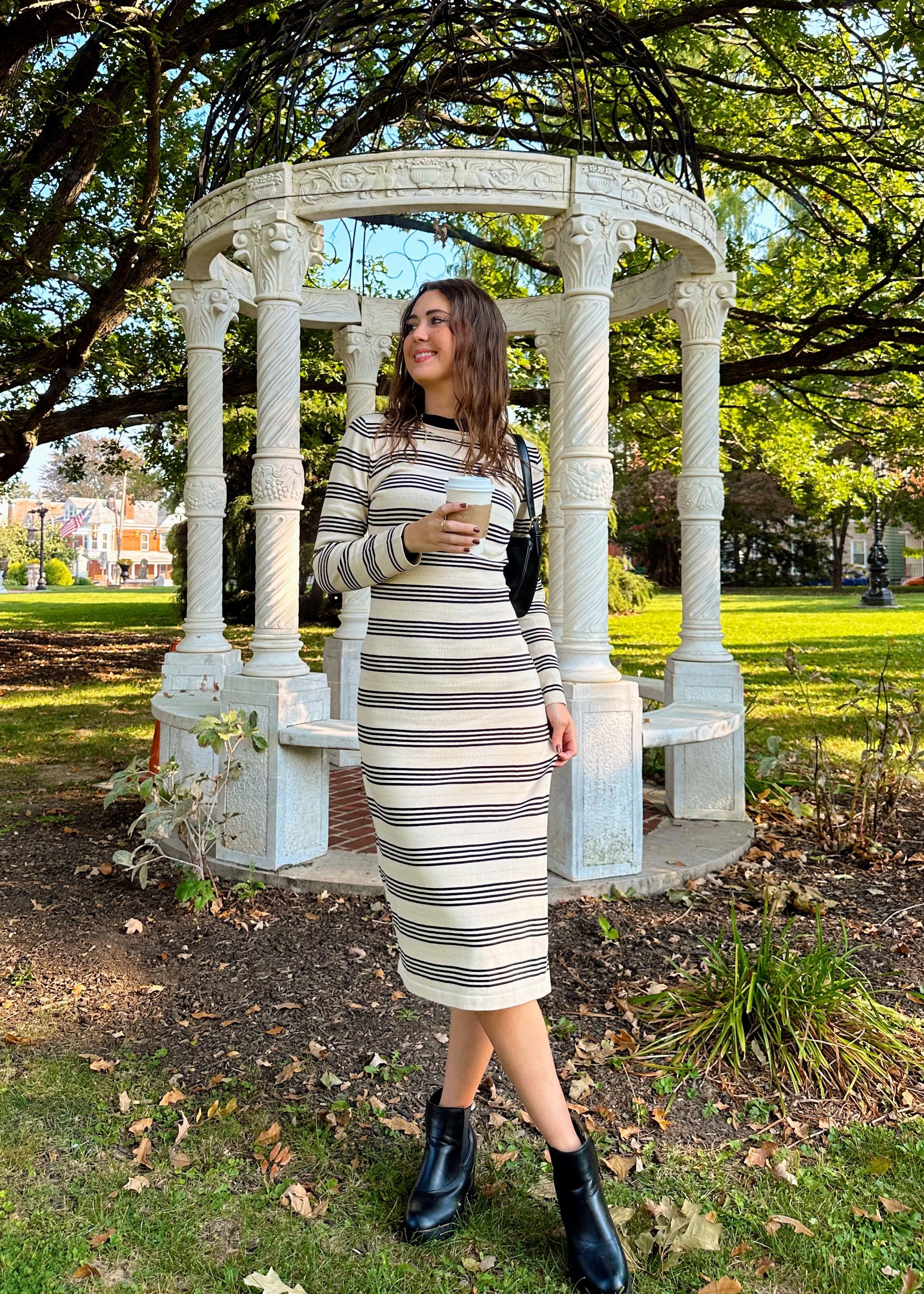Luxuii Striped Knit Crewneck Side Slit Bodycon Sweater Dress