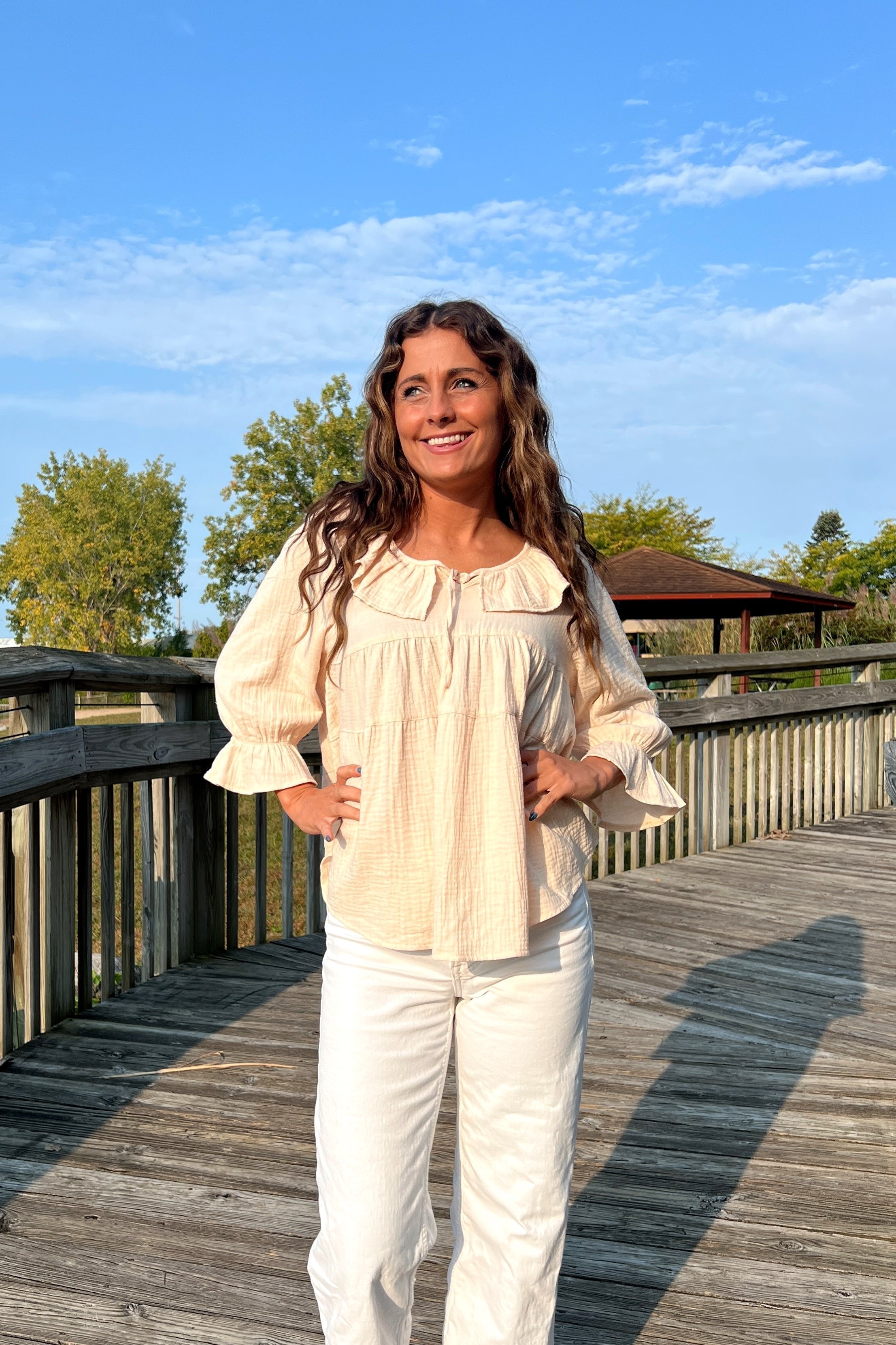 Luxuii Casual Tie Front Ruffle Tiered Loose Tunic Shirts