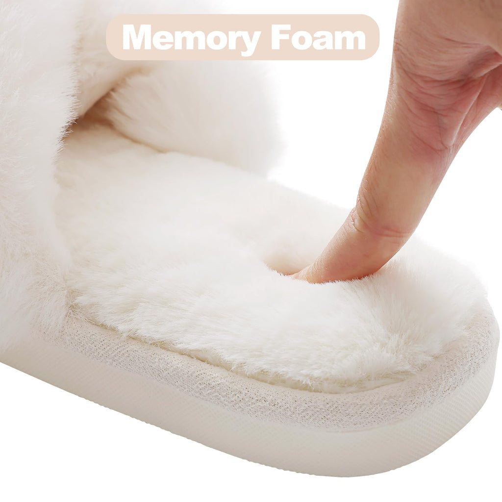 Luxuii Women's Fuzzy Slippers Memory Foam Cozy Furry House Cross Band Slipper Open Toe Fluffy Indoor Shoes