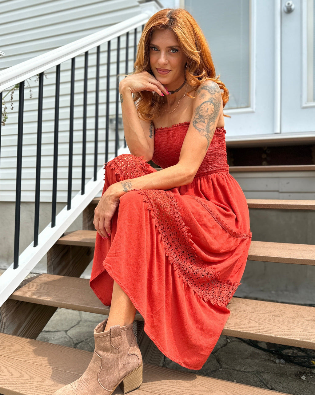 Luxuii Bohemian Strapless Lace Trim Backless Maxi Dress
