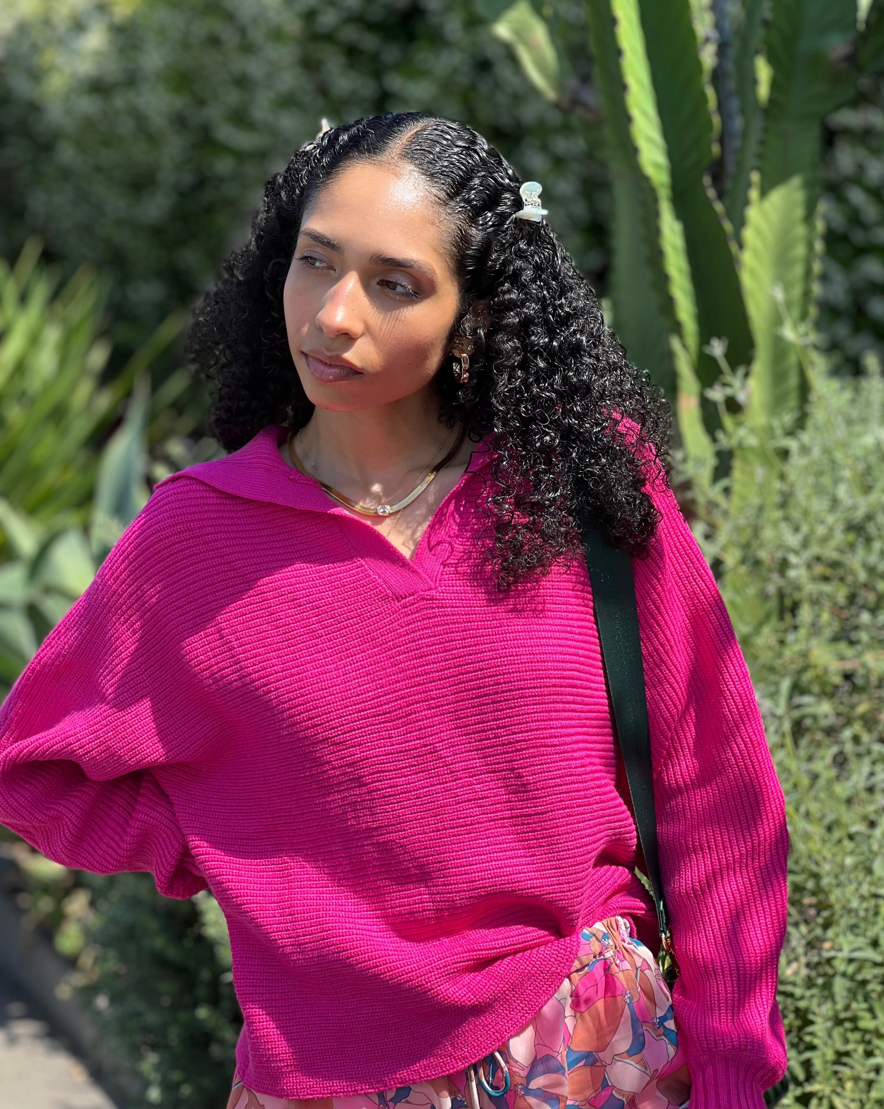 Luxuii Collar V Neck Long Sleeve Ribbed Knit Sweater