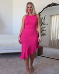 Luxuii Sleeveless Crewneck Ruffle Irregular Hem Ribbed Midi Dress