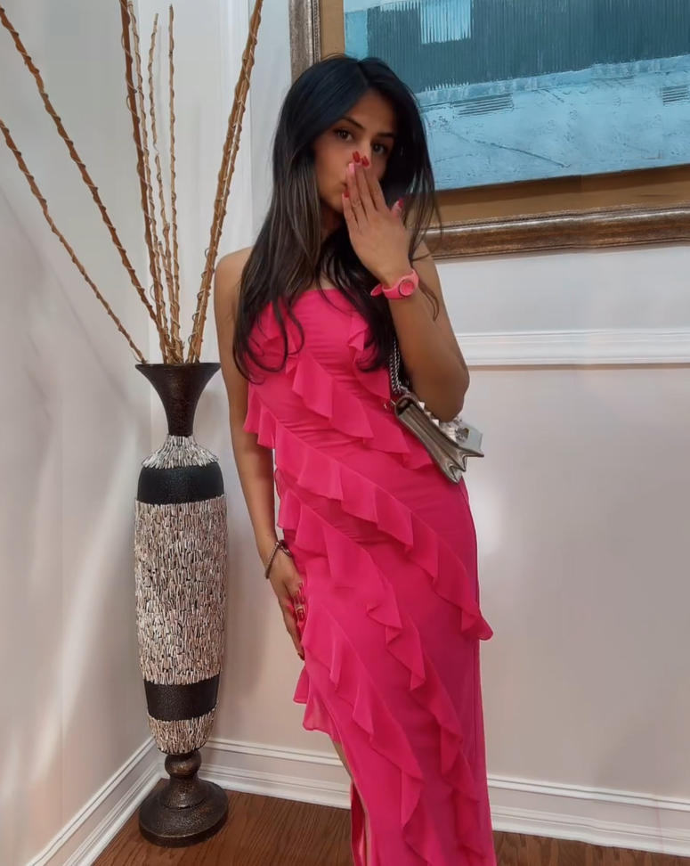 Luxuii Off Shoulder Mesh Tassel Ruffle Side Split Tube Maxi Dress