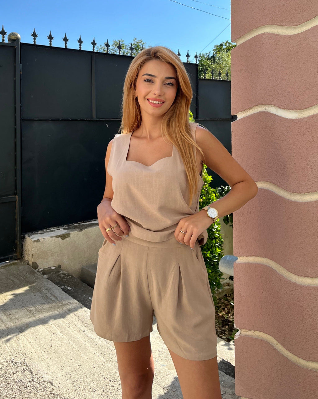 Luxuii Linen Square Neck Tank Crop Top and Shorts Lounge Set