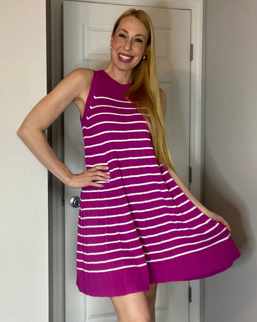 Luxuii Sleeveless Crewneck Striped Knit Pleated Mini Dress