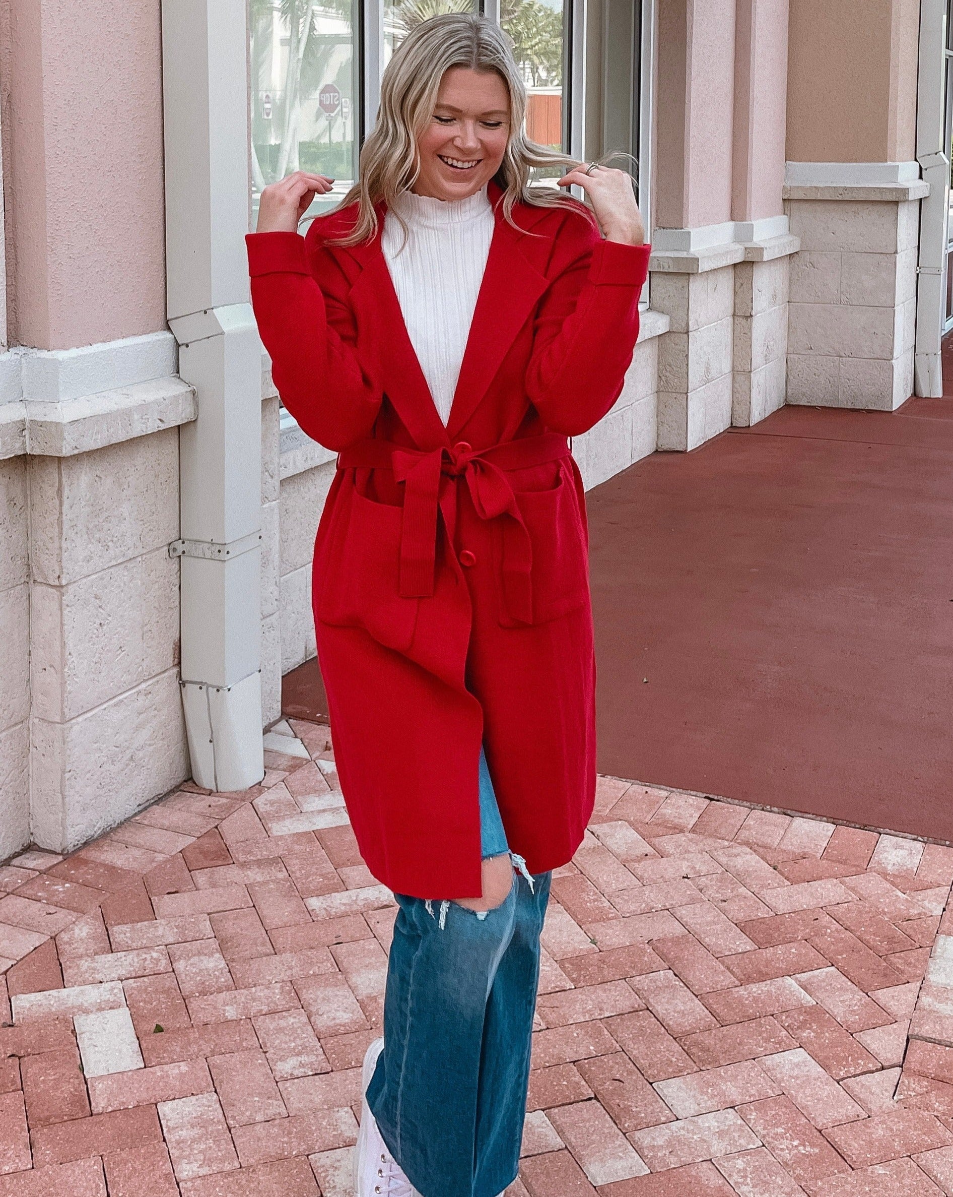 Luxuii Lapel Button Down Belted Open Front Knit Cardigan Coat