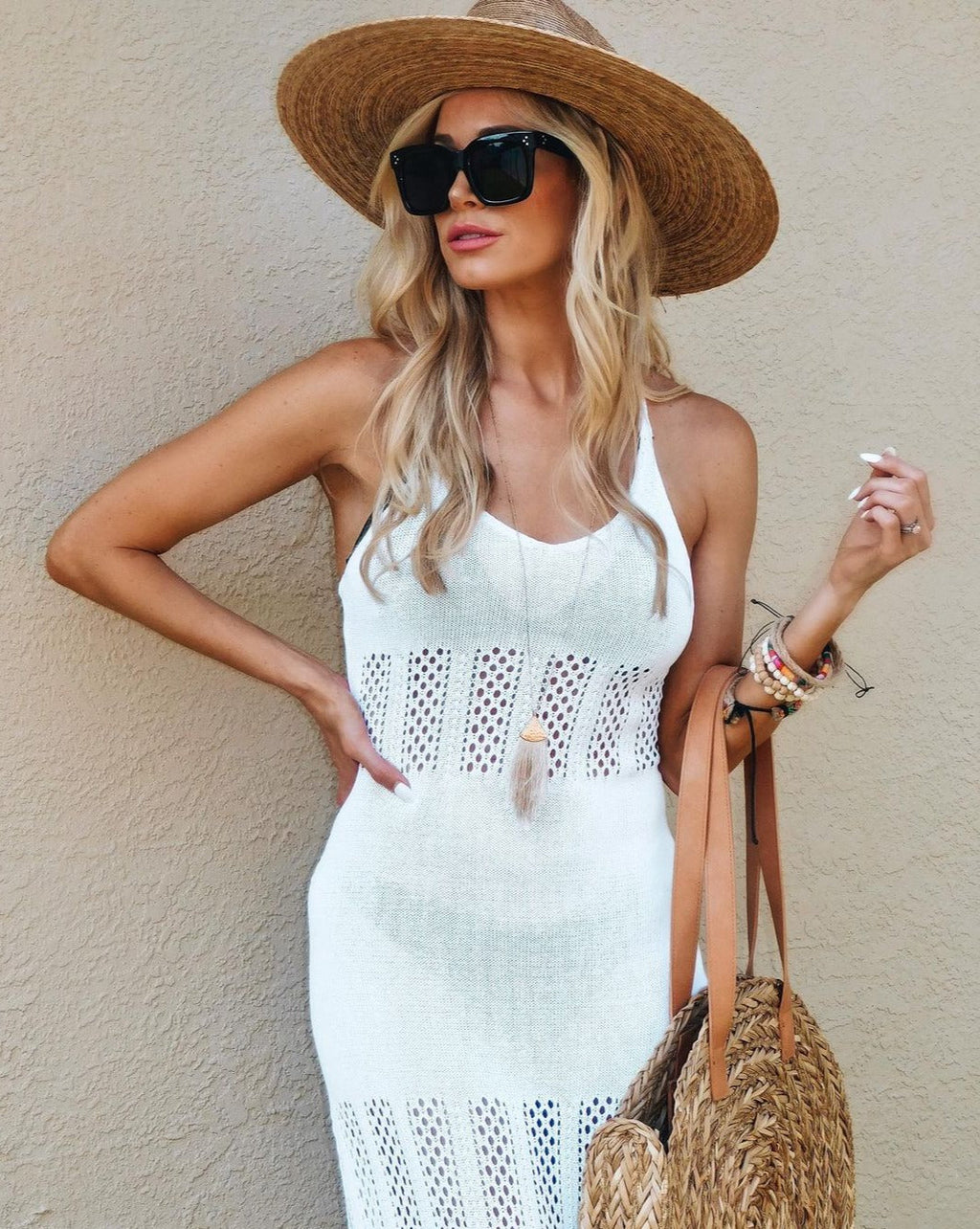 Luxuii Sleeveless V Neck Hollow Out Beach Midi Dress