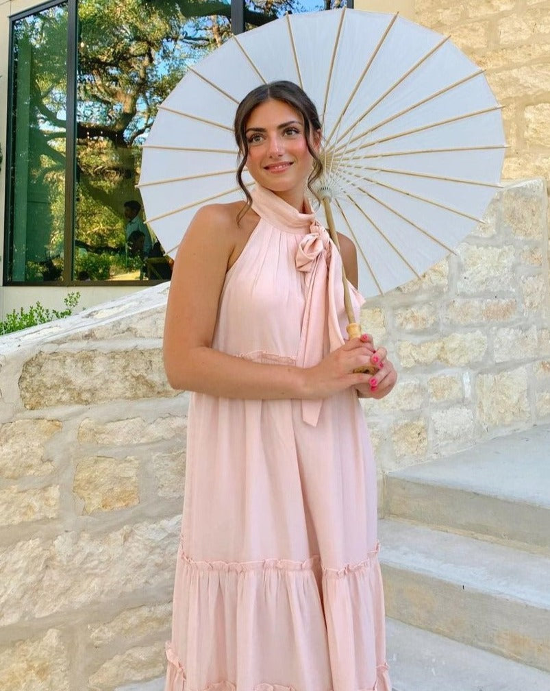 Luxuii Halter Sleeveless Pleated Flowy Maxi Dress