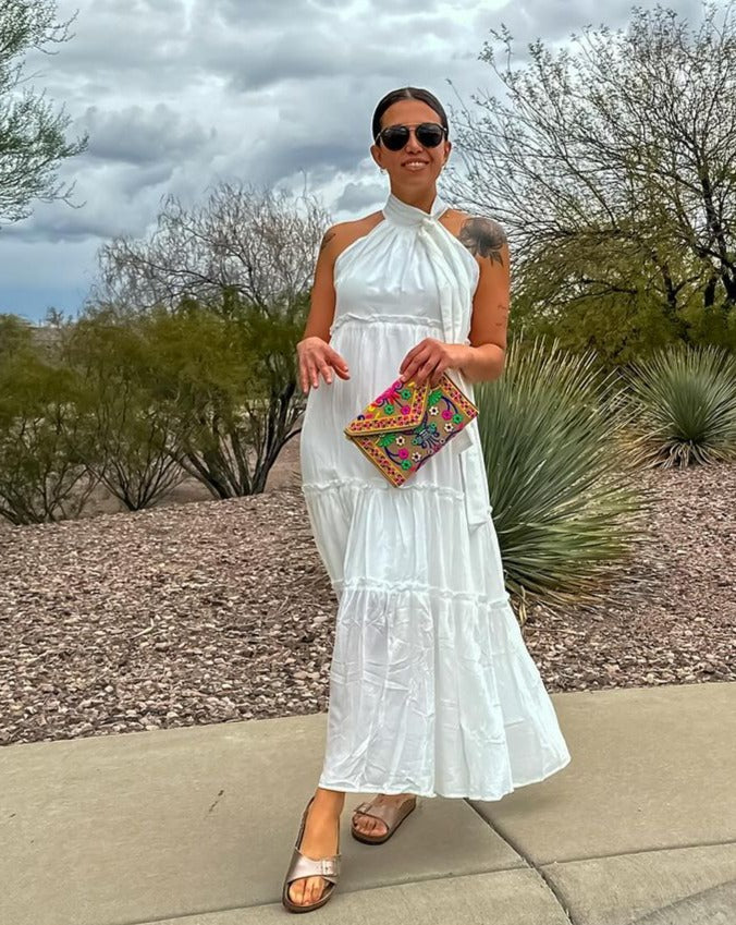 Luxuii Halter Sleeveless Pleated Flowy Maxi Dress