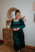Luxuii Velvet L Neck Smocked Ruffle A Line Flowy Midi Dress