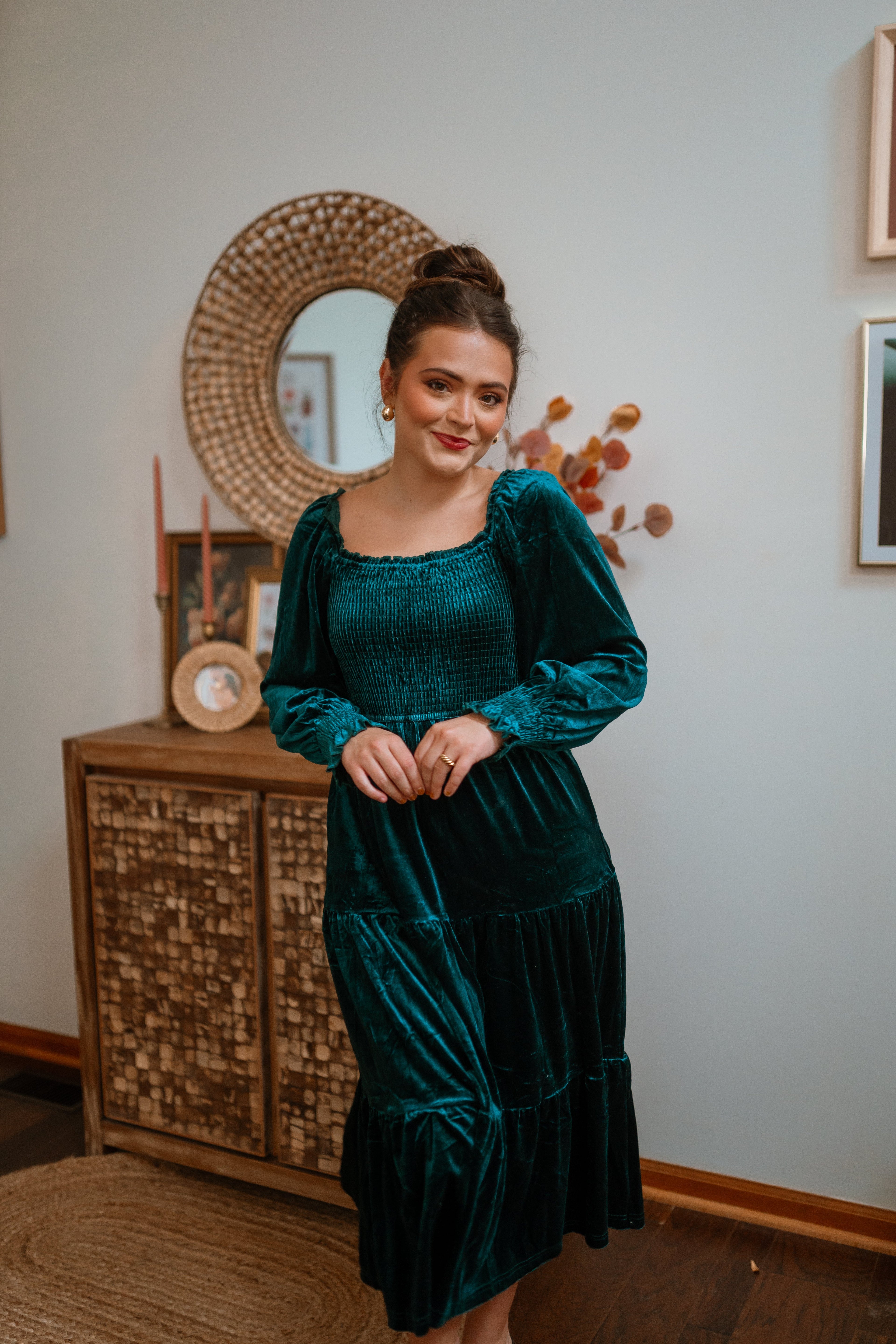 Luxuii Velvet L Neck Smocked Ruffle A Line Flowy Midi Dress