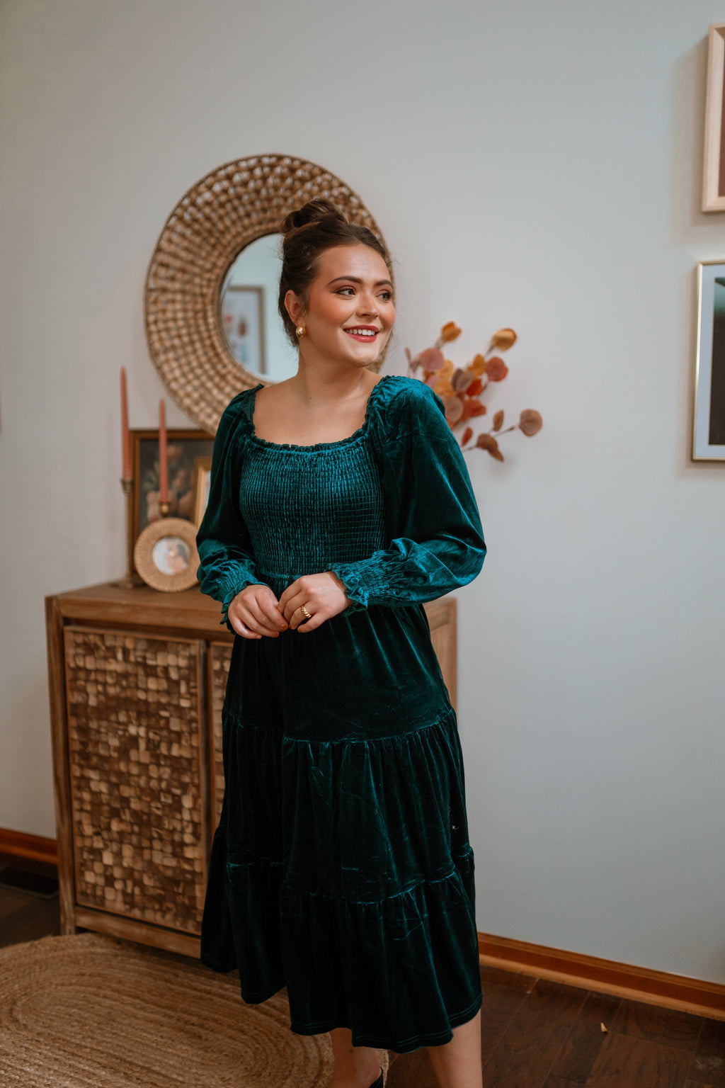 Luxuii Velvet L Neck Smocked Ruffle A Line Flowy Midi Dress