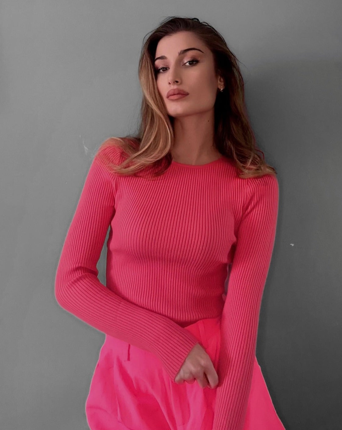 Luxuii Long Sleeve Crewneck Ribbed Knit Top