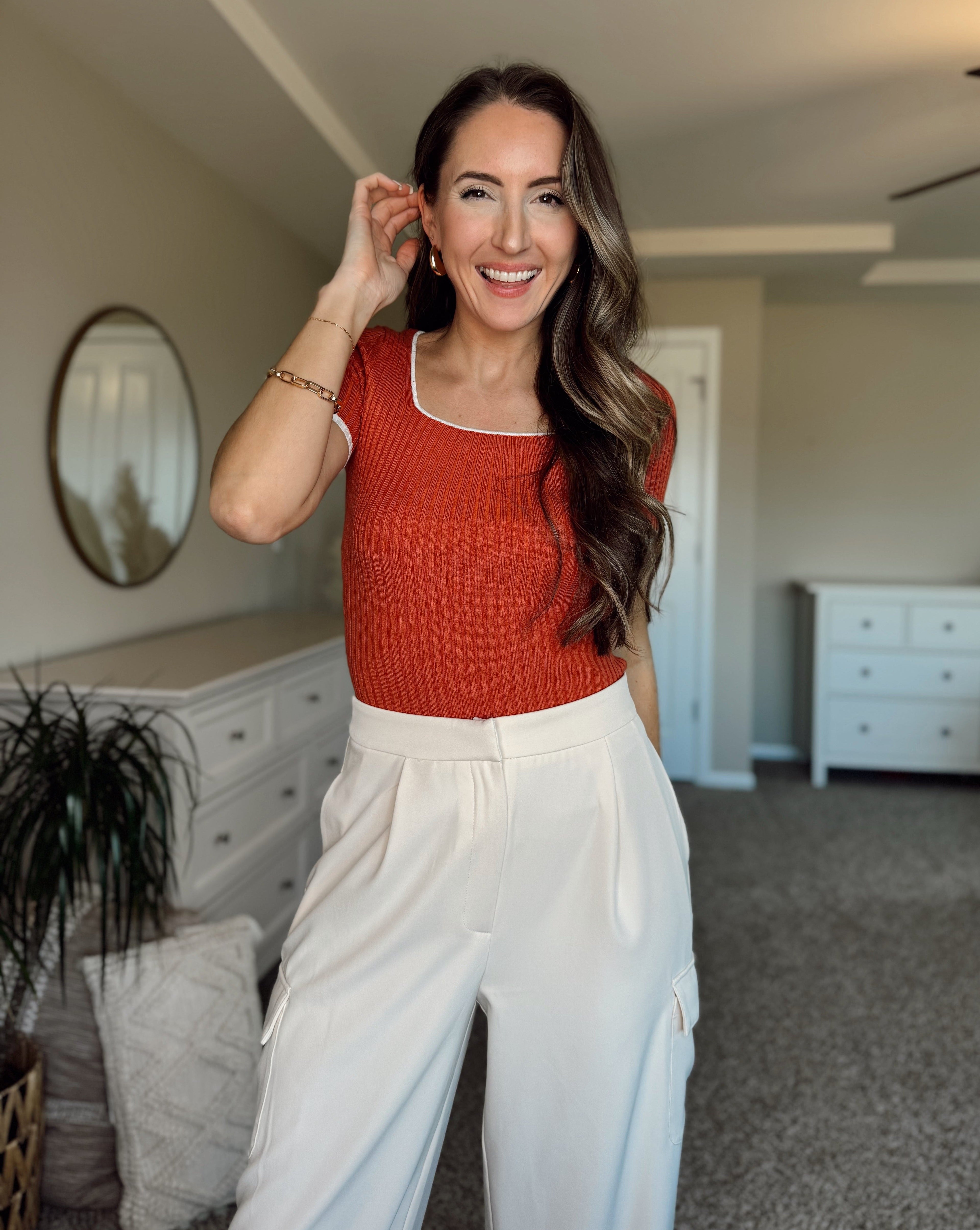 Luxuii Short Sleeve Square Neck Color Block Ribbed Top