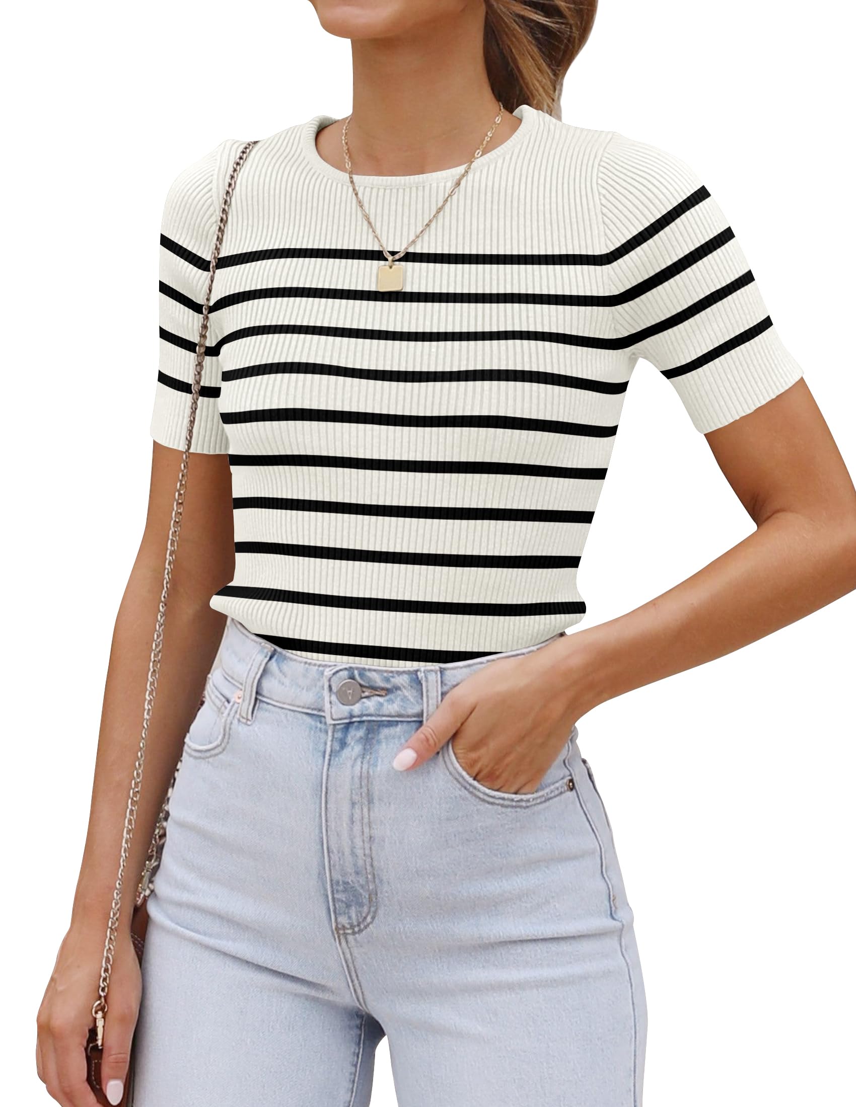 Luxuii Women's Short Sleeve Crewneck Striped Shirt Knit Slim Fit Casual Tops