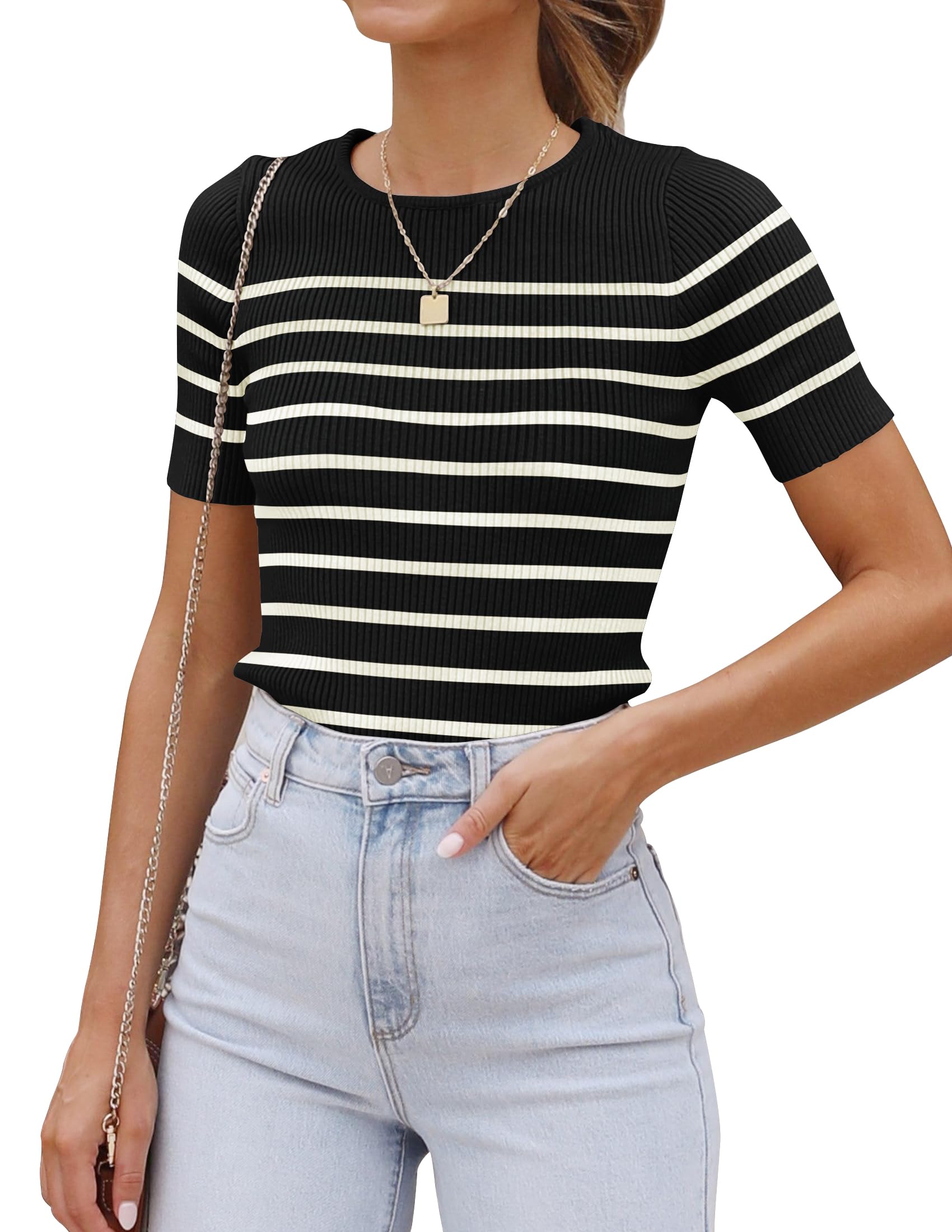 Luxuii Women's Short Sleeve Crewneck Striped Shirt Knit Slim Fit Casual Tops