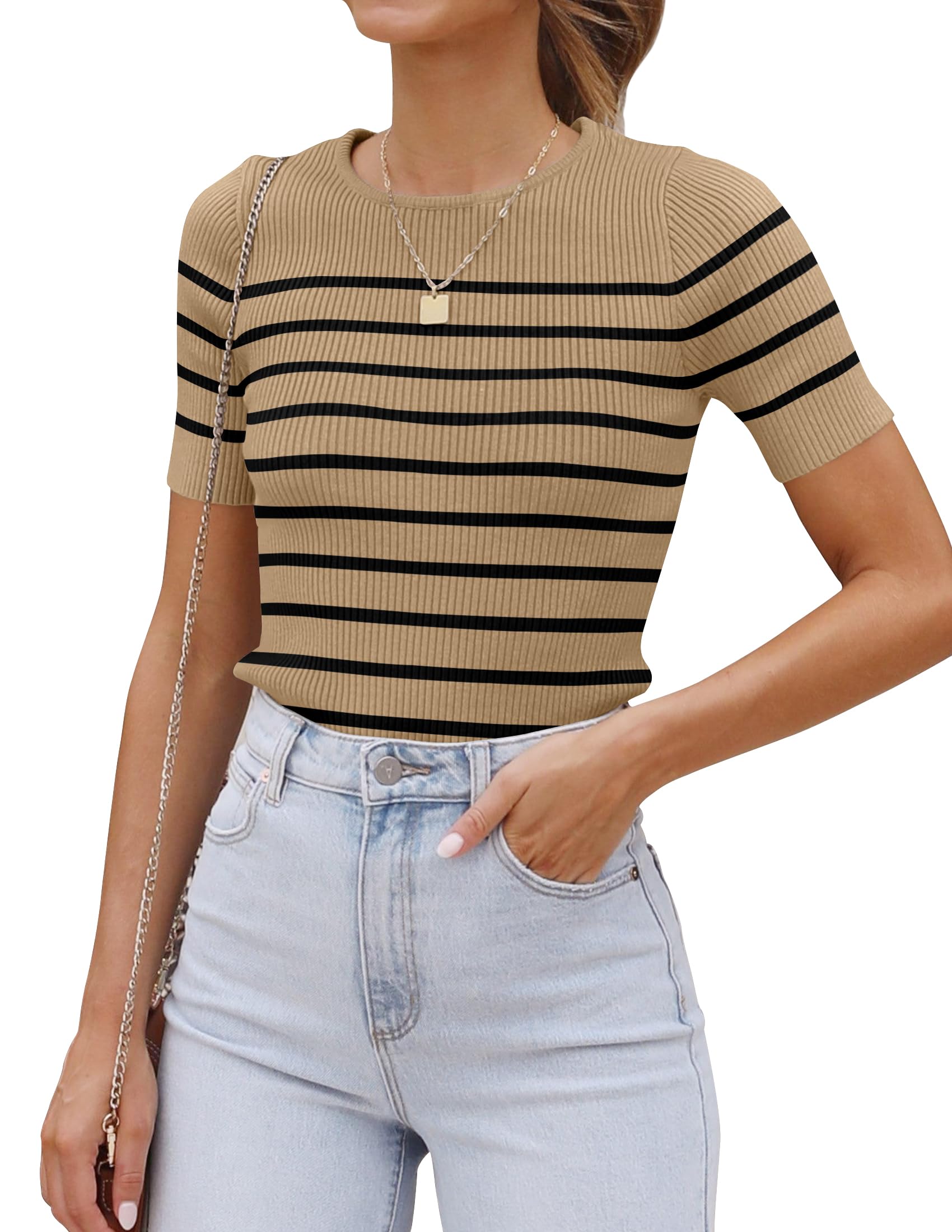 Luxuii Women's Short Sleeve Crewneck Striped Shirt Knit Slim Fit Casual Tops