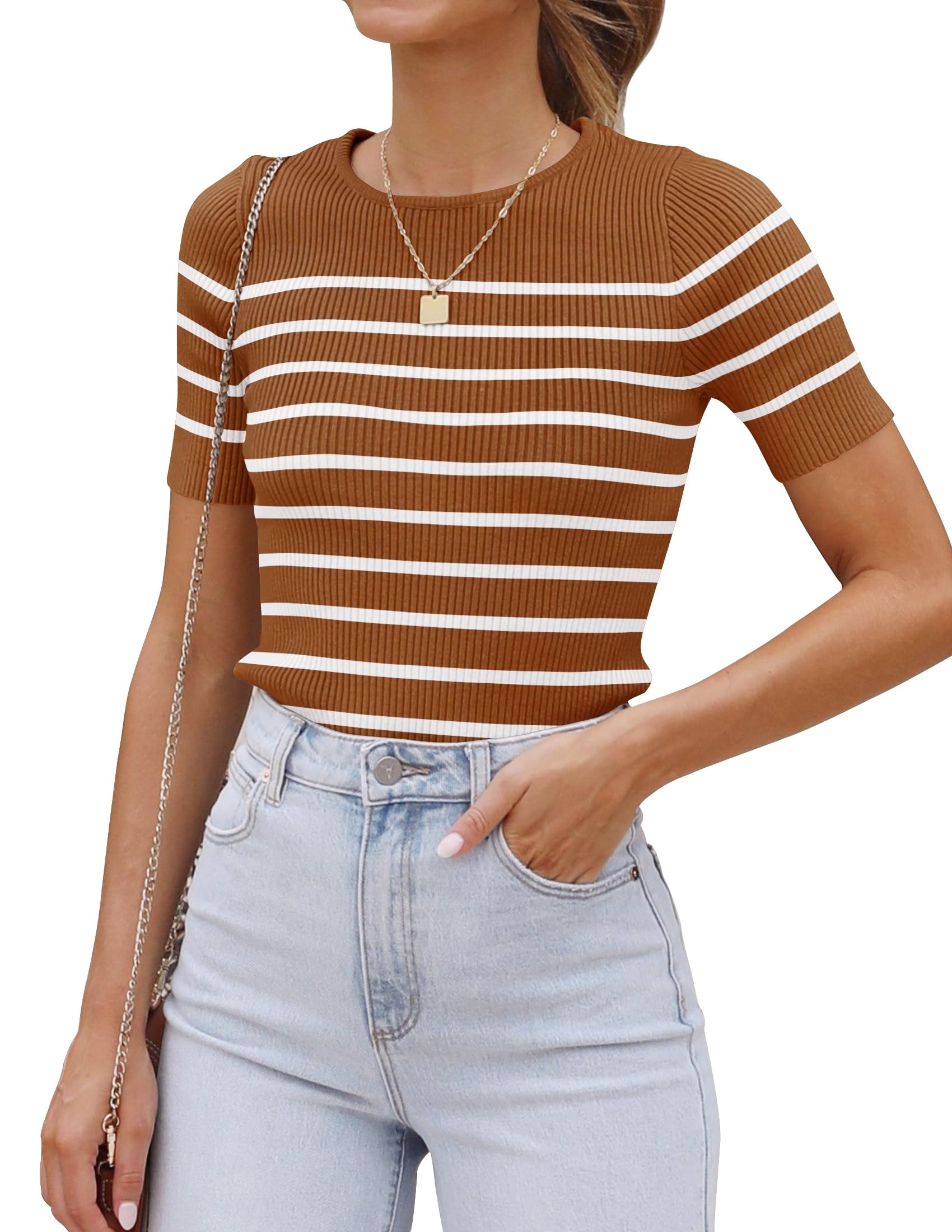 Luxuii Women's Short Sleeve Crewneck Striped Shirt Knit Slim Fit Casual Tops