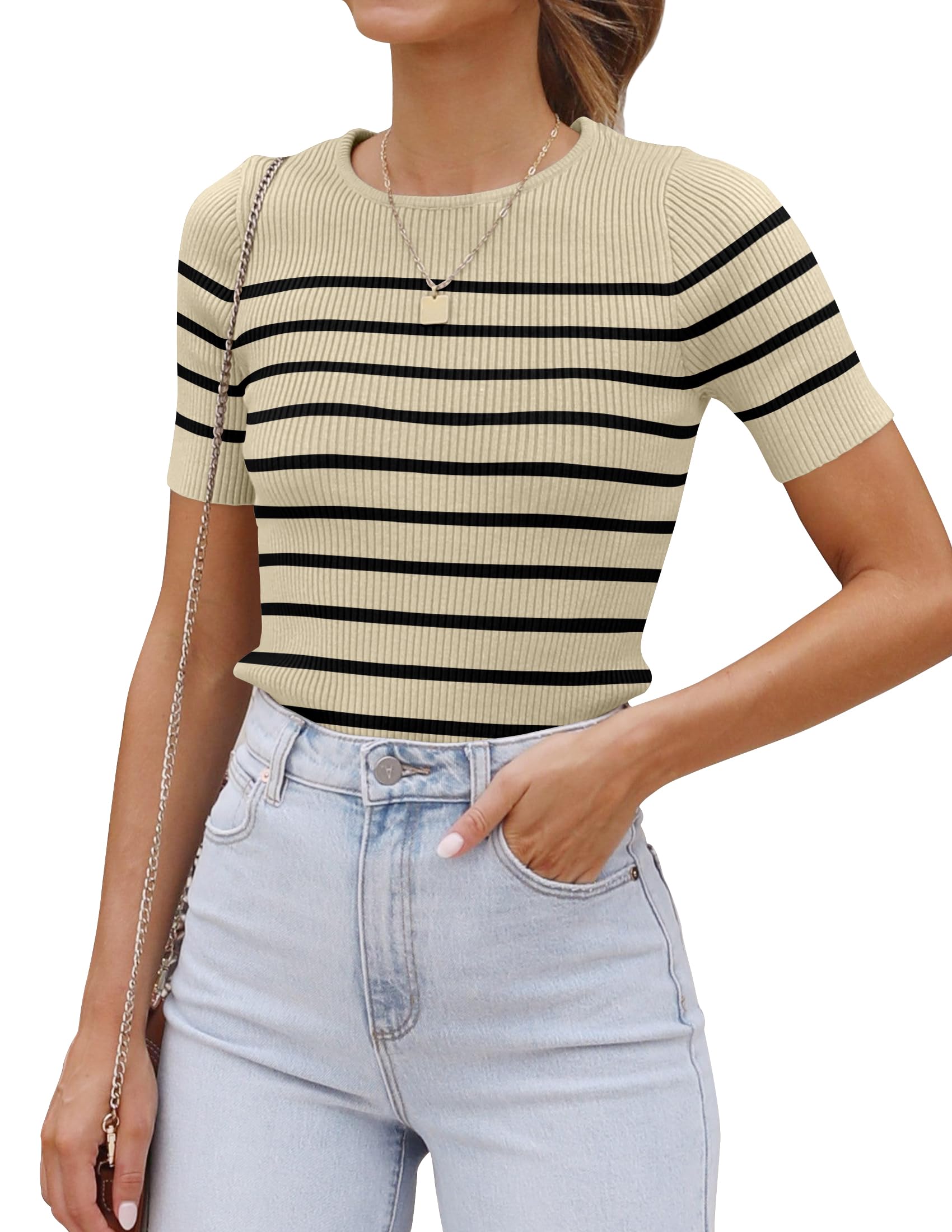 Luxuii Women's Short Sleeve Crewneck Striped Shirt Knit Slim Fit Casual Tops