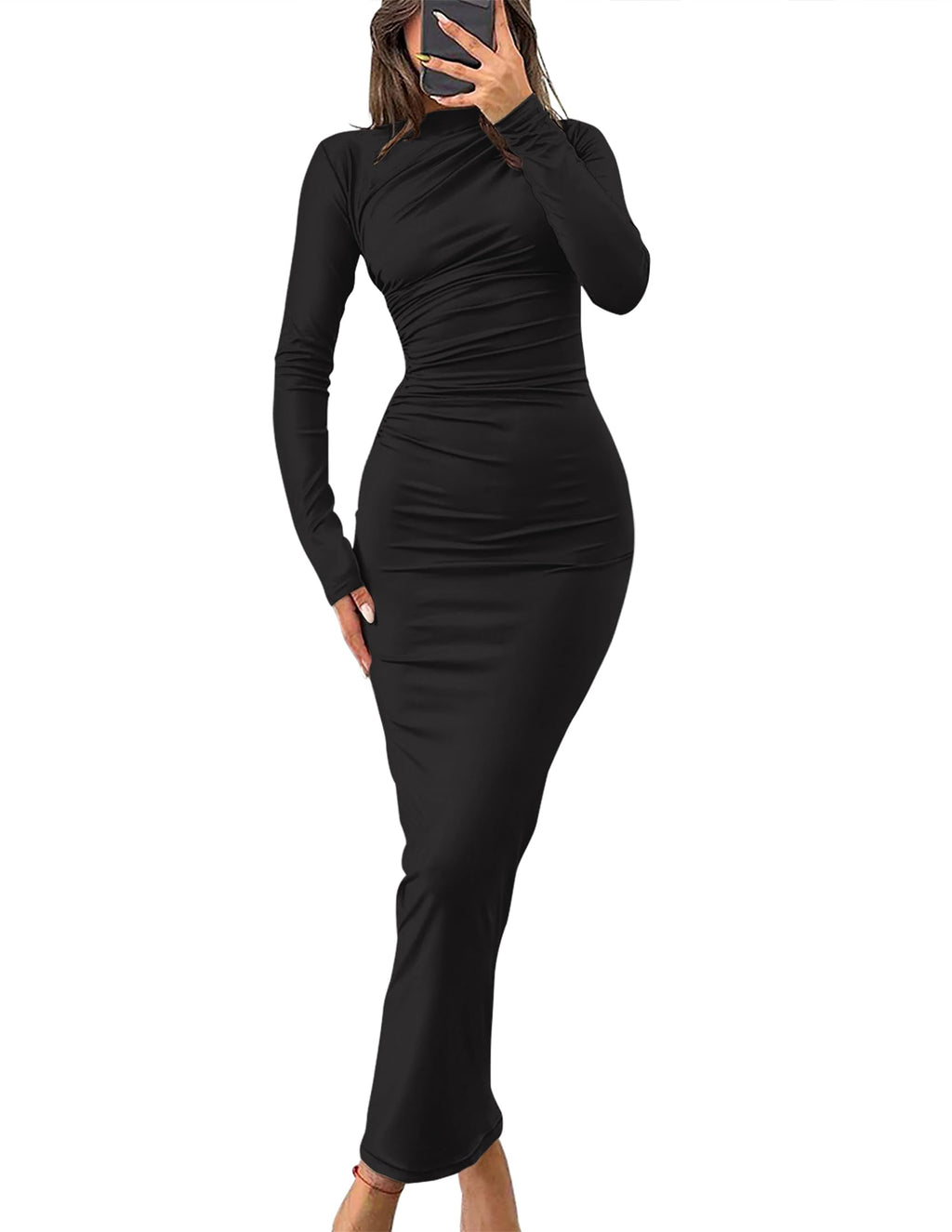 Luxuii Women's Fall Long Sleeve Bodycon Sexy Ruched Crew Neck Cocktail Party Dress