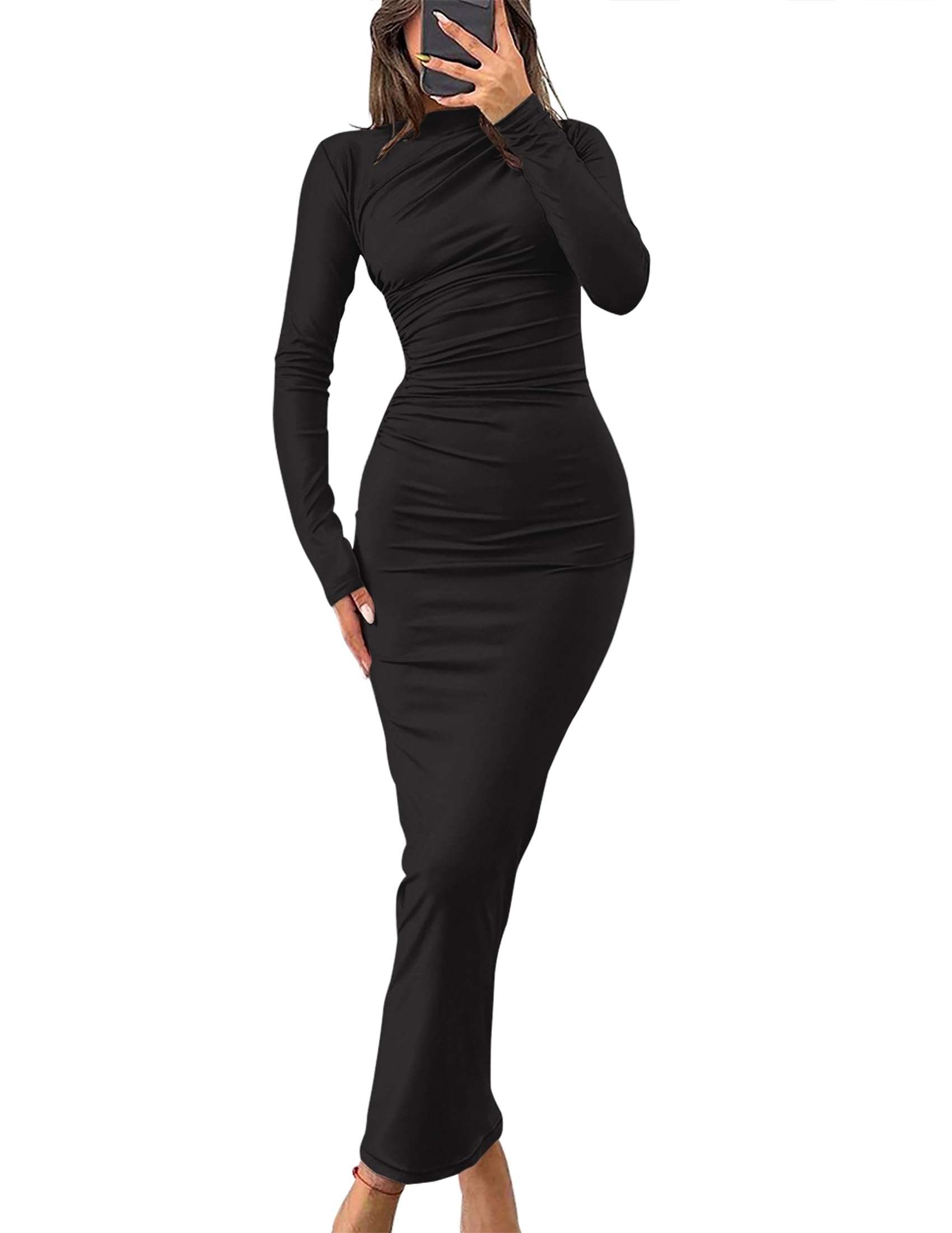 Luxuii Women's Fall Long Sleeve Bodycon Sexy Ruched Crew Neck Cocktail Party Dress