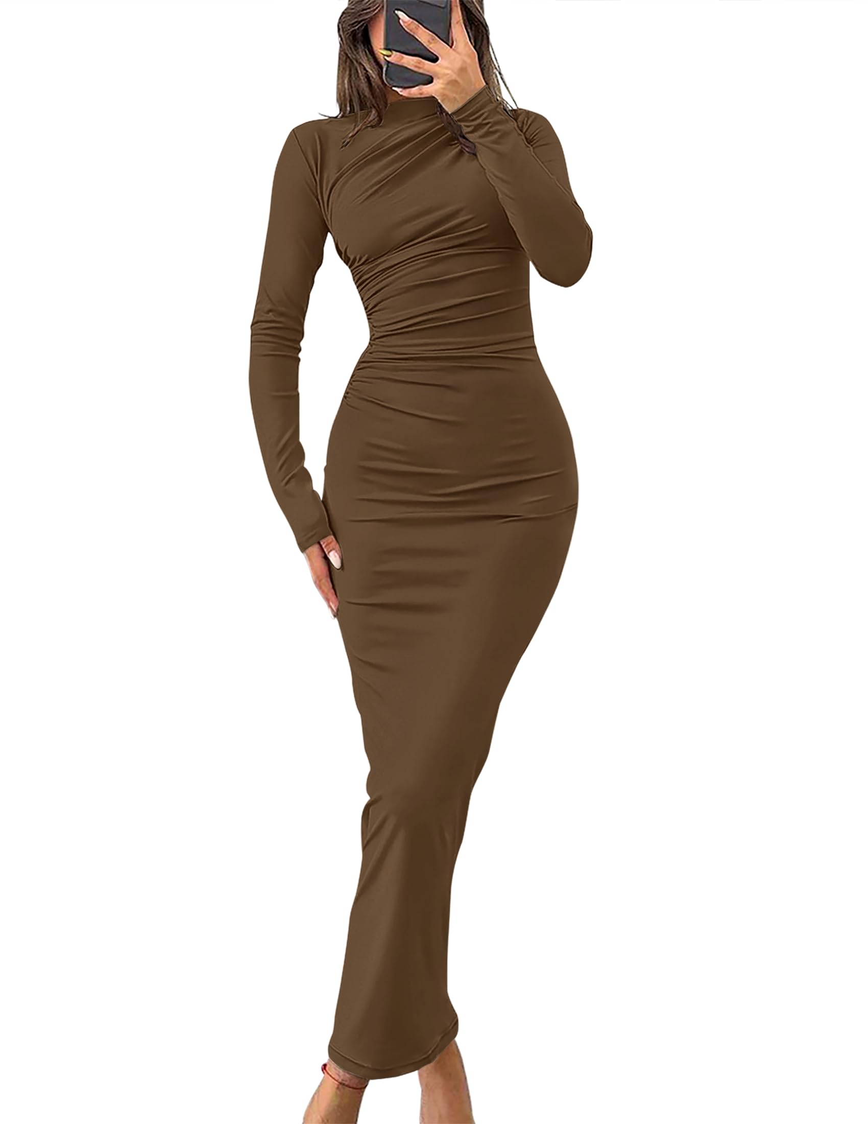 Luxuii Women's Fall Long Sleeve Bodycon Sexy Ruched Crew Neck Cocktail Party Dress
