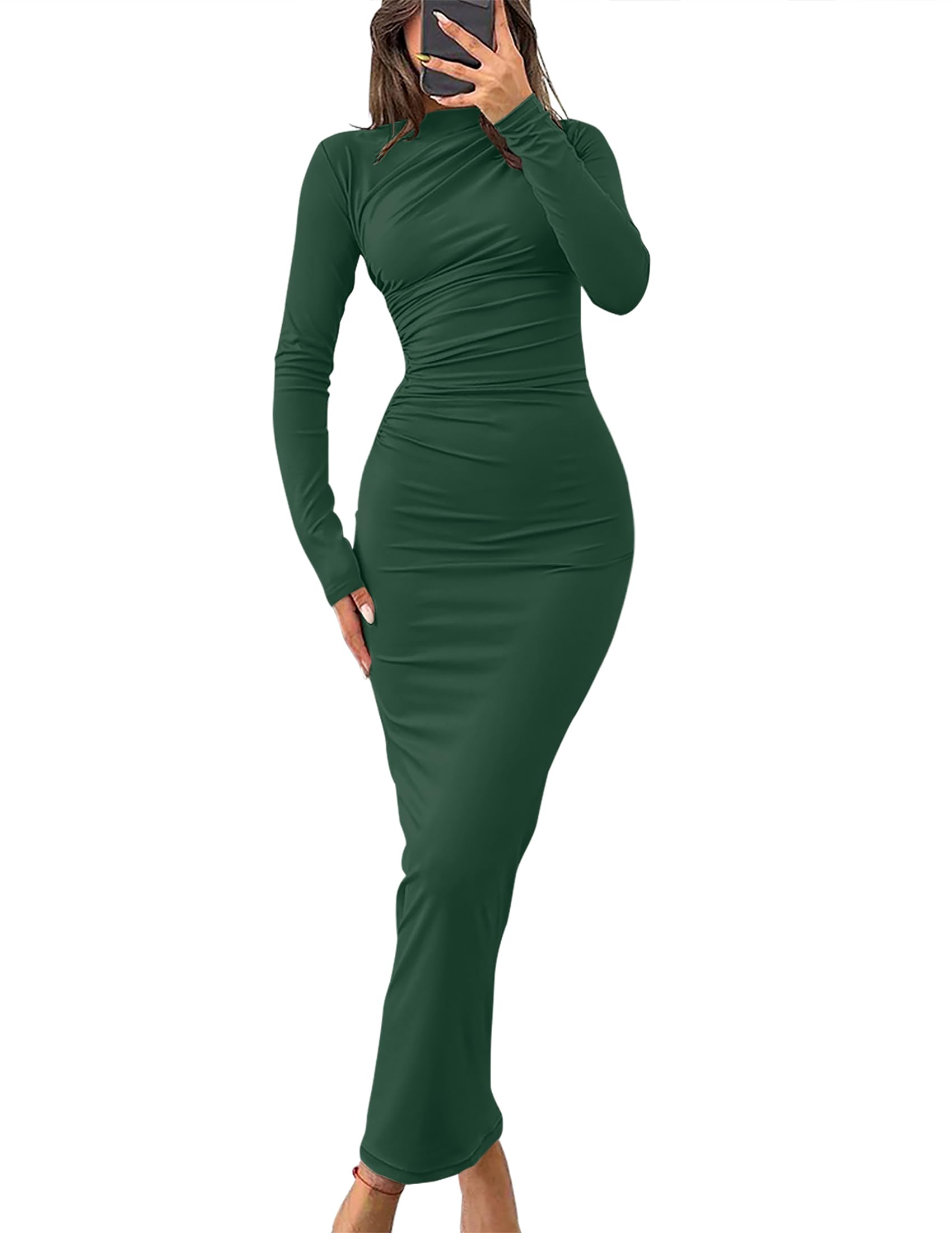 Luxuii Women's Fall Long Sleeve Bodycon Sexy Ruched Crew Neck Cocktail Party Dress