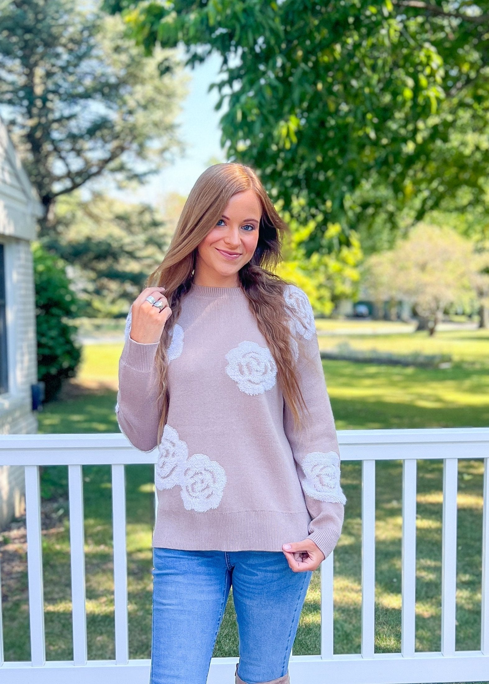 Luxuii Casual Crewneck Floral Oversized Knit Side Slit Pullovers Tops