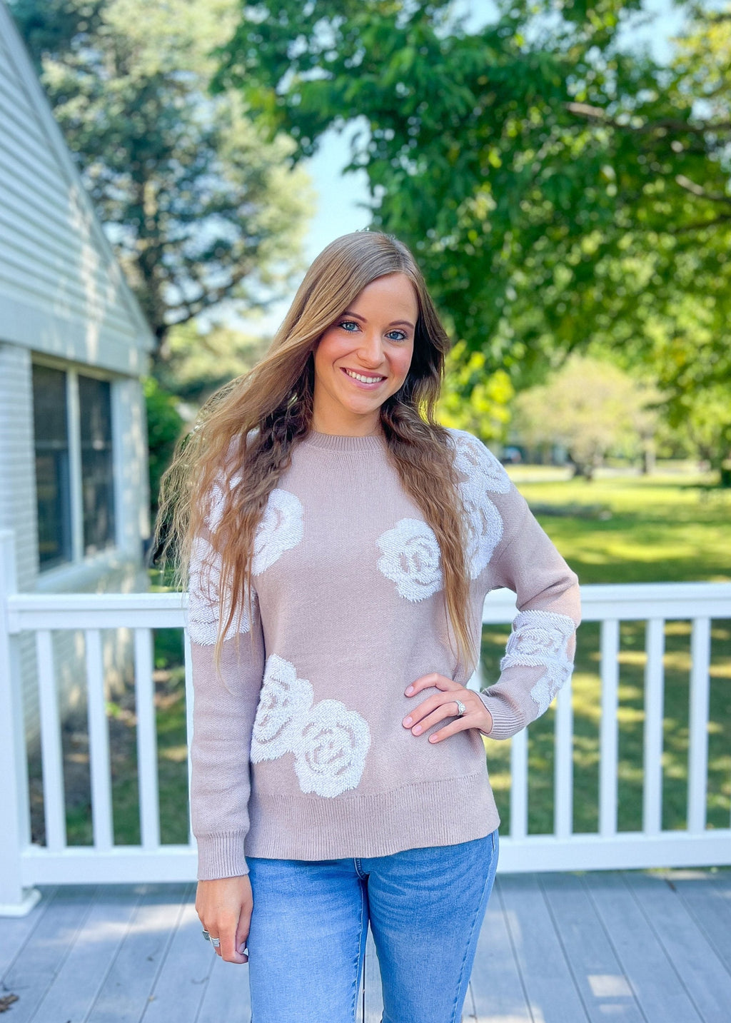 Luxuii Casual Crewneck Floral Oversized Knit Side Slit Pullovers Tops