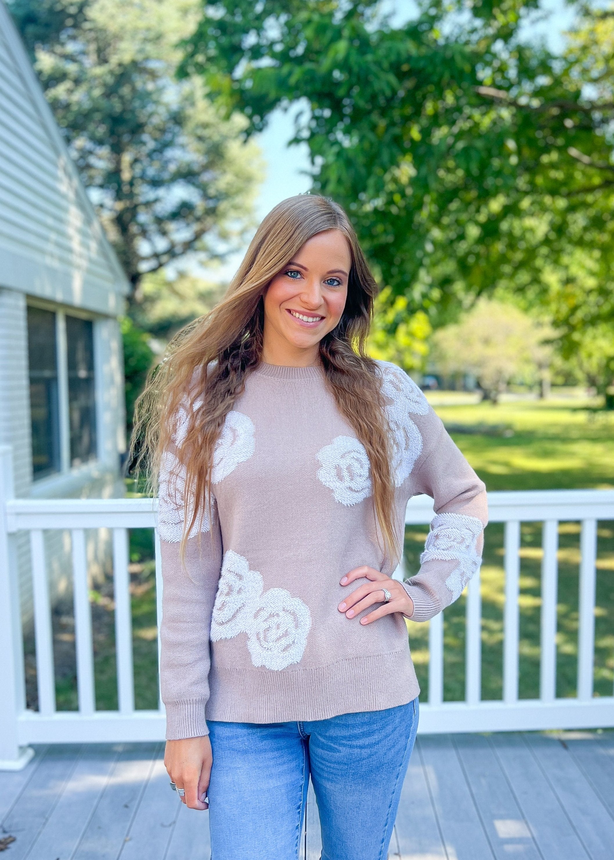 Luxuii Casual Crewneck Floral Oversized Knit Side Slit Pullovers Tops