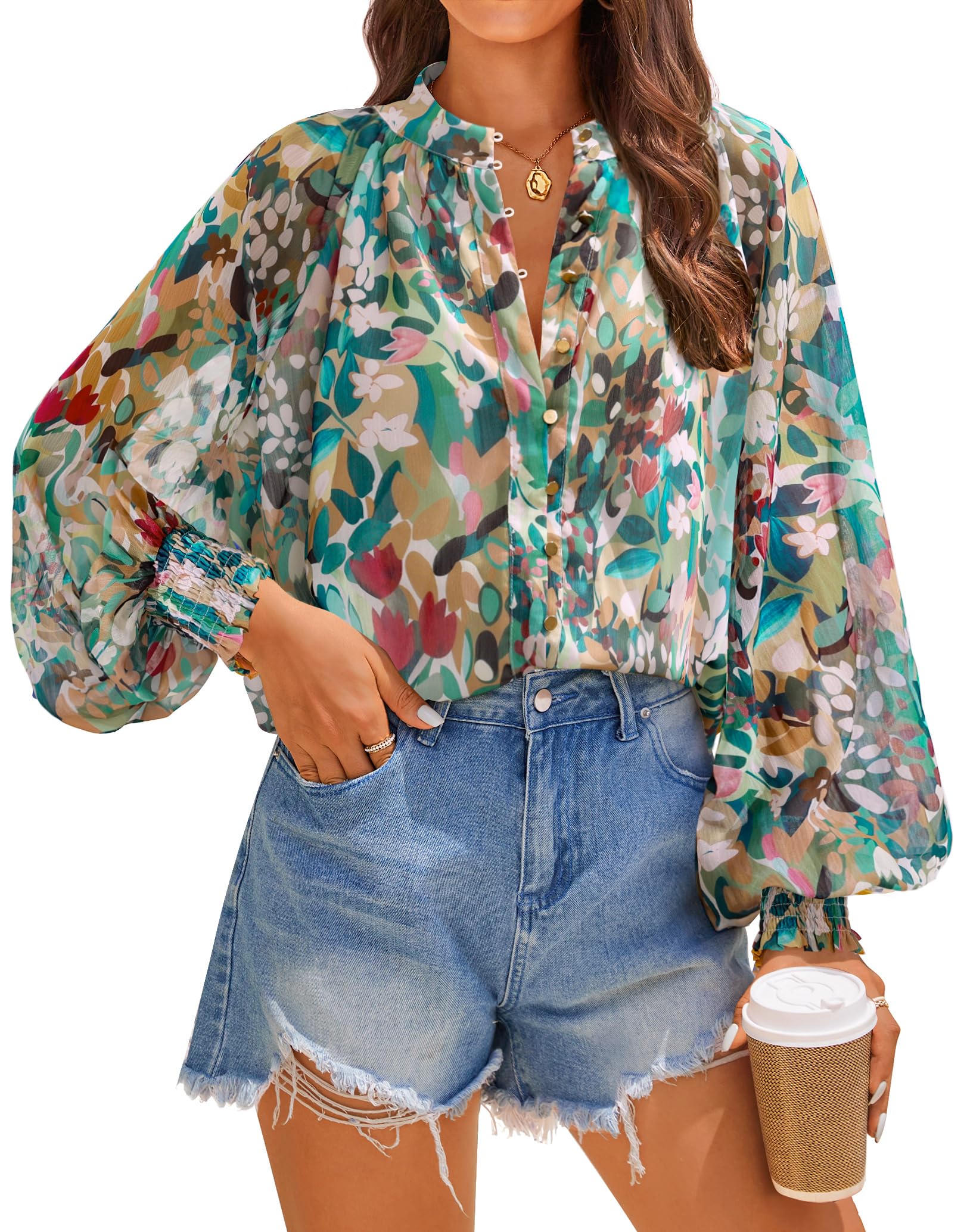 Luxuii Women's Floral Print Blouse Long Sleeve Button Down Casual Fall Boho Shirts