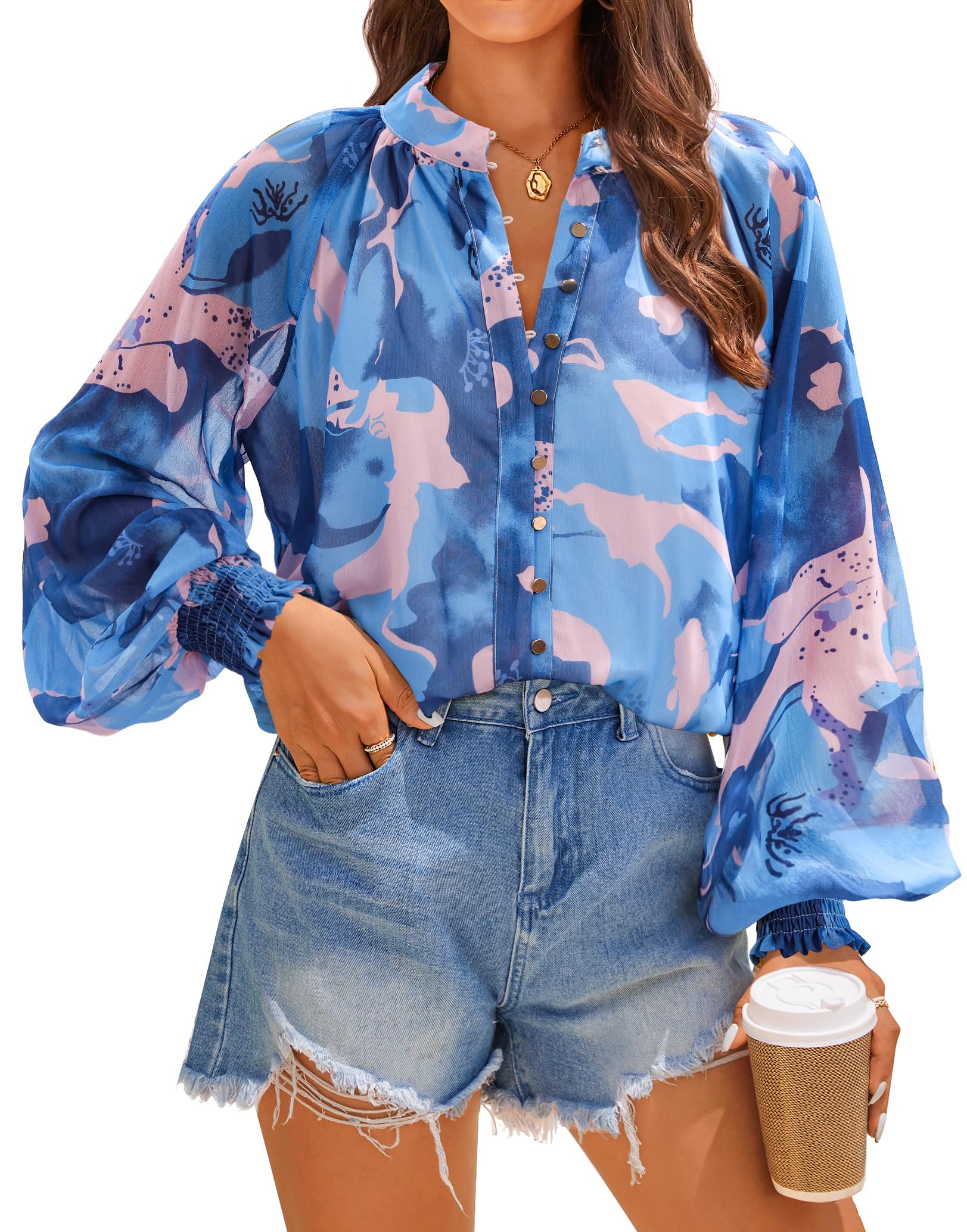 Luxuii Women's Floral Print Blouse Long Sleeve Button Down Casual Fall Boho Shirts