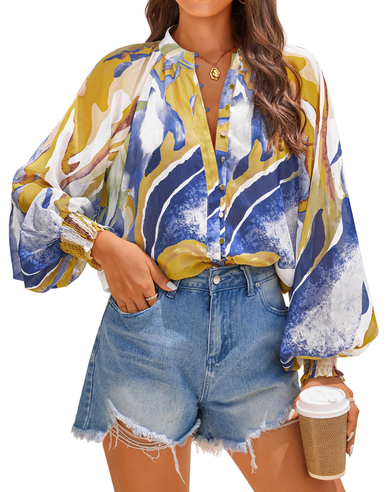 Luxuii Women's Floral Print Blouse Long Sleeve Button Down Casual Fall Boho Shirts