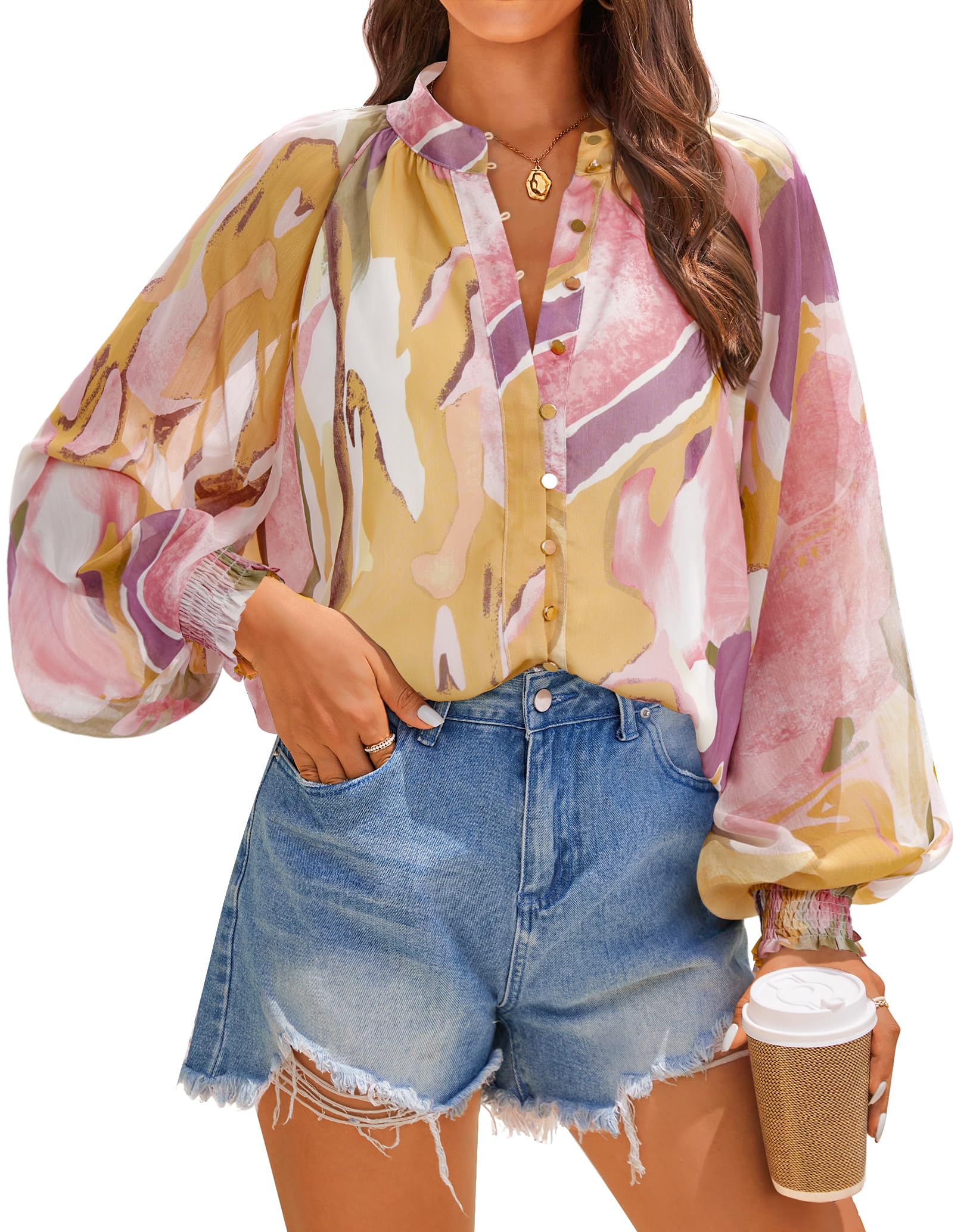 Luxuii Women's Floral Print Blouse Long Sleeve Button Down Casual Fall Boho Shirts