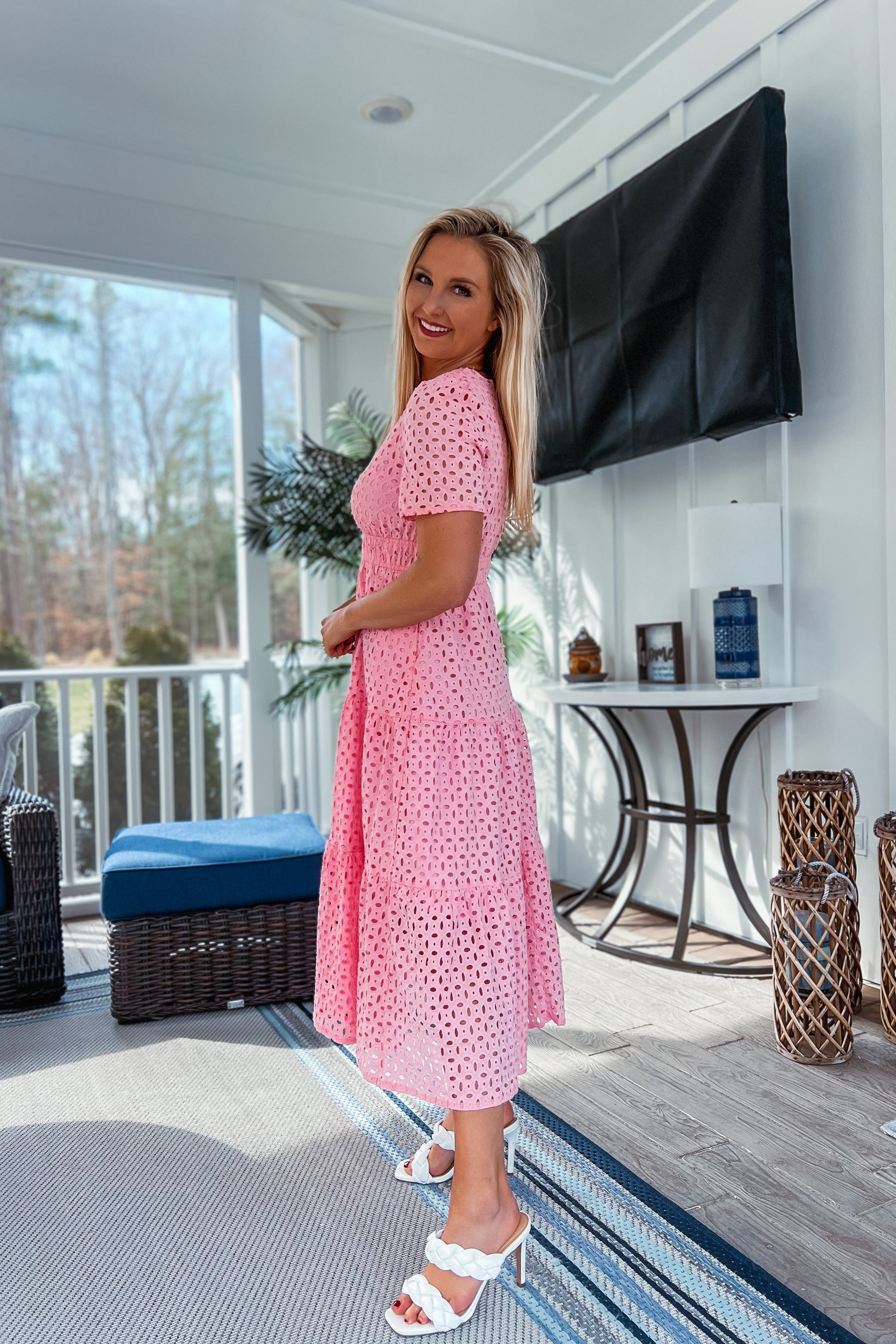 Luxuii V Neck Hollow Out Eyelet Ruffle Swing A Line Long Dresses