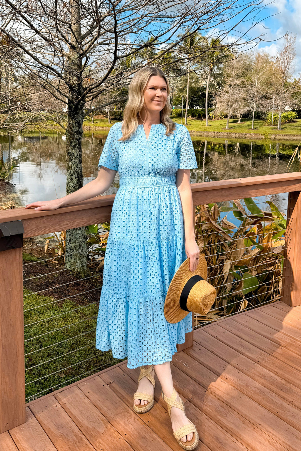 Luxuii V Neck Hollow Out Eyelet Ruffle Swing A Line Long Dresses